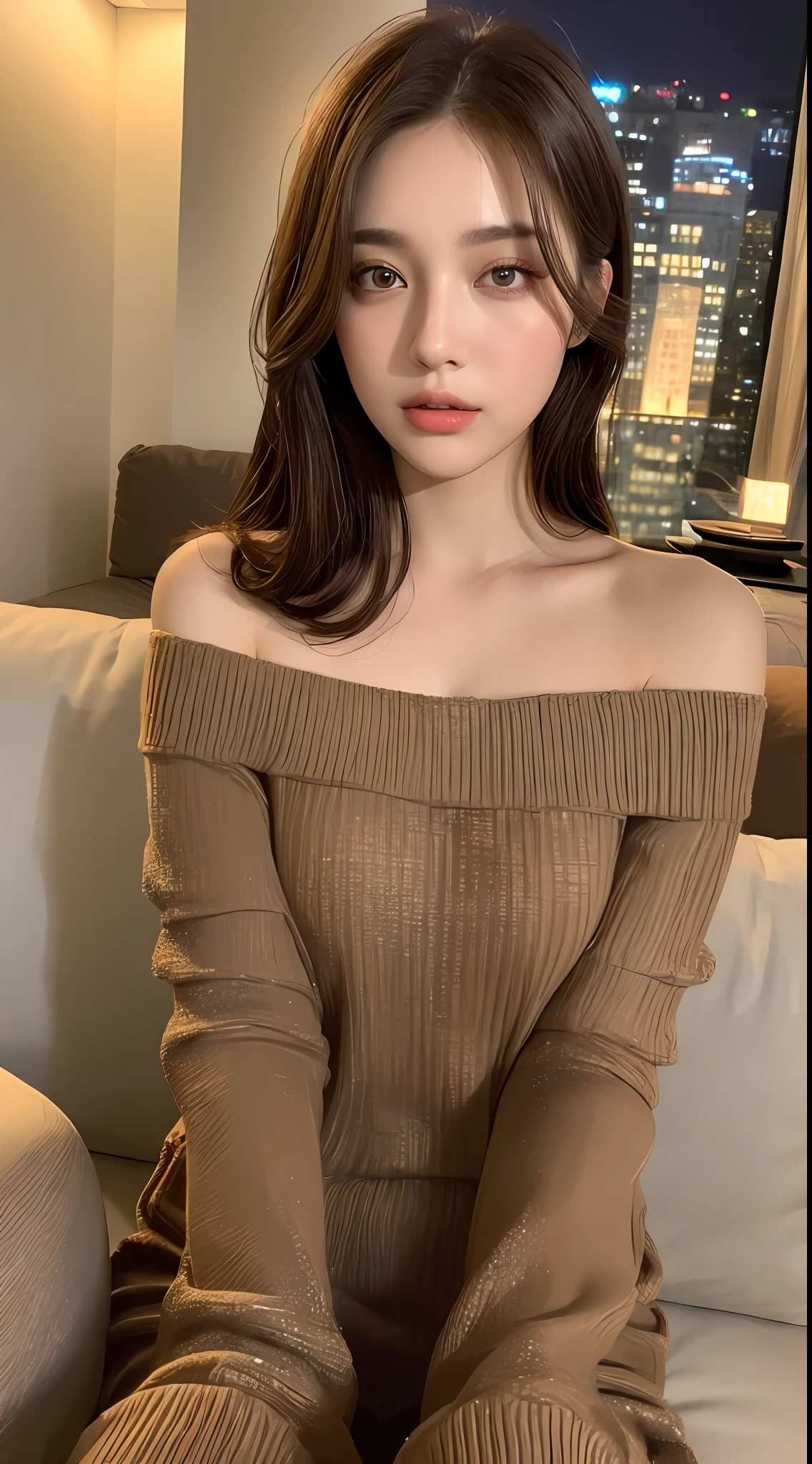 ((Night view, realistic light, best quality, 8k, masterpiece: 1.3)), 1girl, pretty woman with slim figure: 1.4, (brown hair, medium breasts: 1.3), off-the-shoulder cut top: 1.3, sofa, super detailed face, detailed eyes, double eyelids