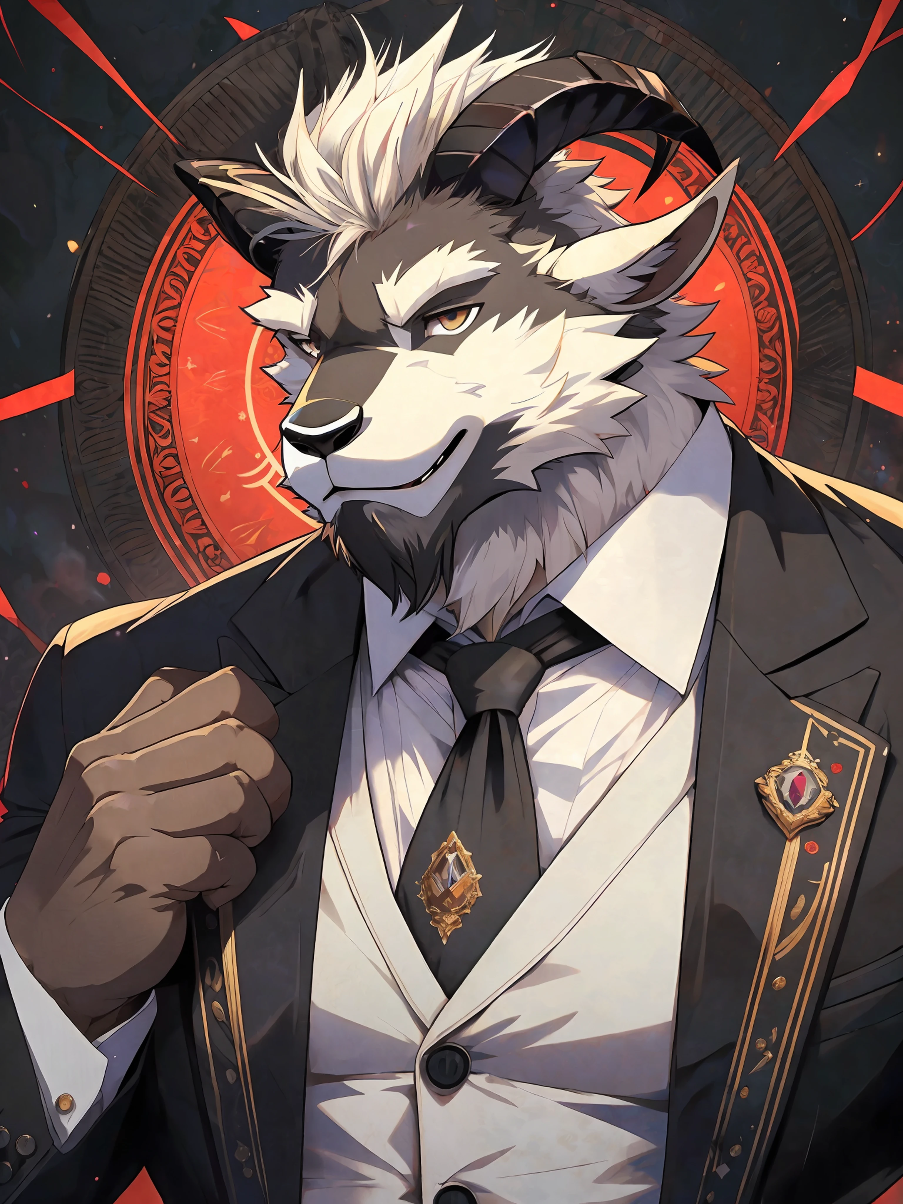 there is a huge muscular old man ((furry goat)) in a suit and a goat in a suit, epic and classy portrait, commission for high res, he is wearing a suit, in his suit, dressed in a suit, detailed fanart, highly detailed exquisite fanart, in a strict suit, well - dressed, in a suit, official character art, furry character portrait, in strict suit, furry character, (character furry (furry black goat, intimidated, focus eyes, huge muscular character, big arm muscle, big pec muscle, bodybuilder, fluffy, suits)), magical