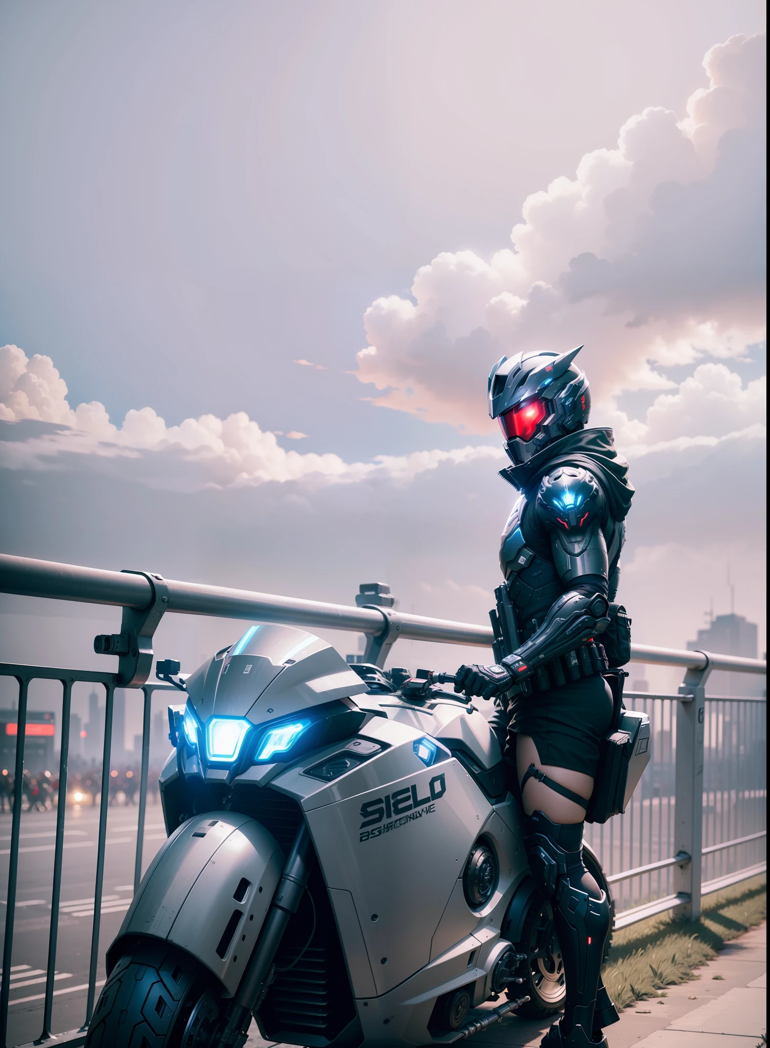 (Masterpiece: 1.2), Best Quality, High Score, Uniform 8k Wallpaper, (Illustration: 1.0), Beautiful Detailed, Very Detailed, Perfect Lighting, Very Detailed CG, Glowing Eyes, Backlight, Armor, Bust Mech, 1boy, Man, Strong, Tattoo on Leg, Warframe, Humanoid Robot, Helmet, Sample Background, Weapon, blue_armor, Looking at the Audience, Solo, Perspective, Red helmet, black bike, black clothes, blue light, shorts, strong muscles, cyberpunk,