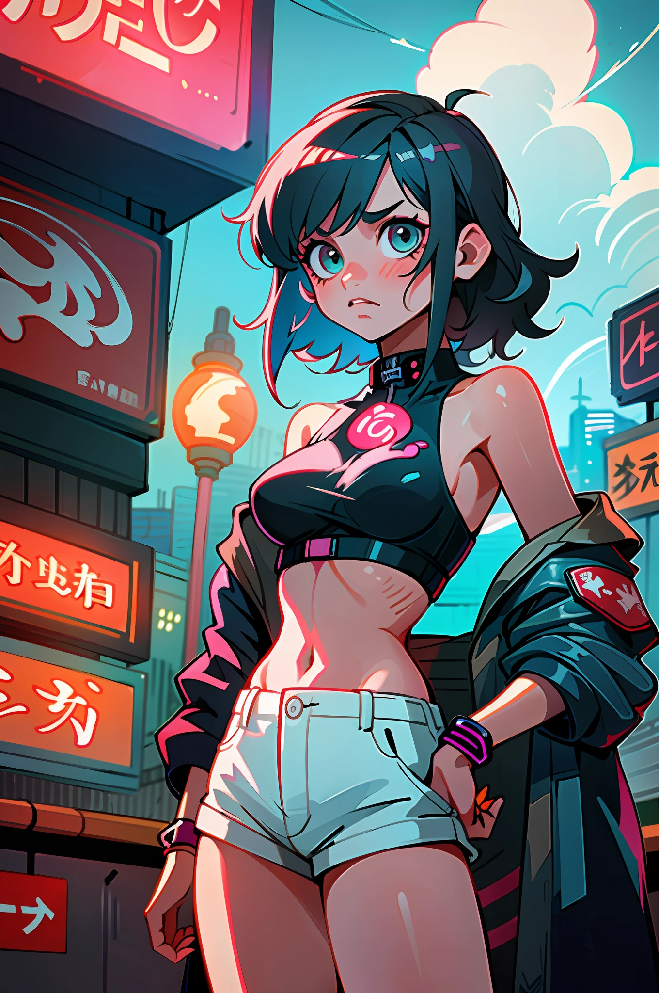 (best quality, masterpiece), 1girl, cyberpunk, neon, cloudy sky, (cartoon: 1.5), sexy, string, big breast, tight, petite, small, neon signs, ramen shop, crop top, fish net, full body