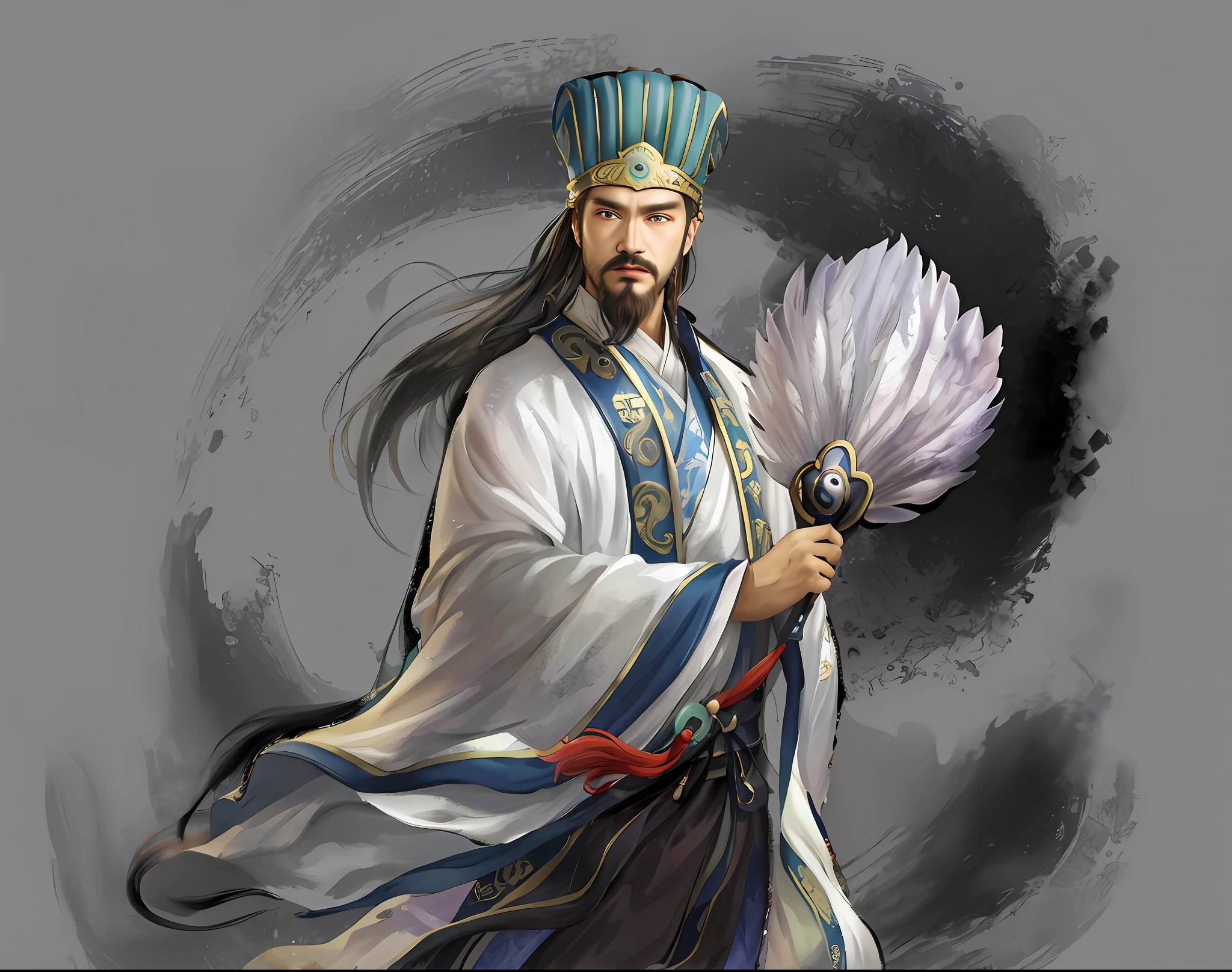 arafed image of a man in a blue hat holding a fan, heise jinyao, bian lian, inspired by Hu Zaobin, inspired by Cao Zhibai, inspired by Guan Daosheng, inspired by Wu Daozi, yang qi, inspired by Dong Yuan, inspired by Huang Shen, zhao yun, guan yu, hua cheng