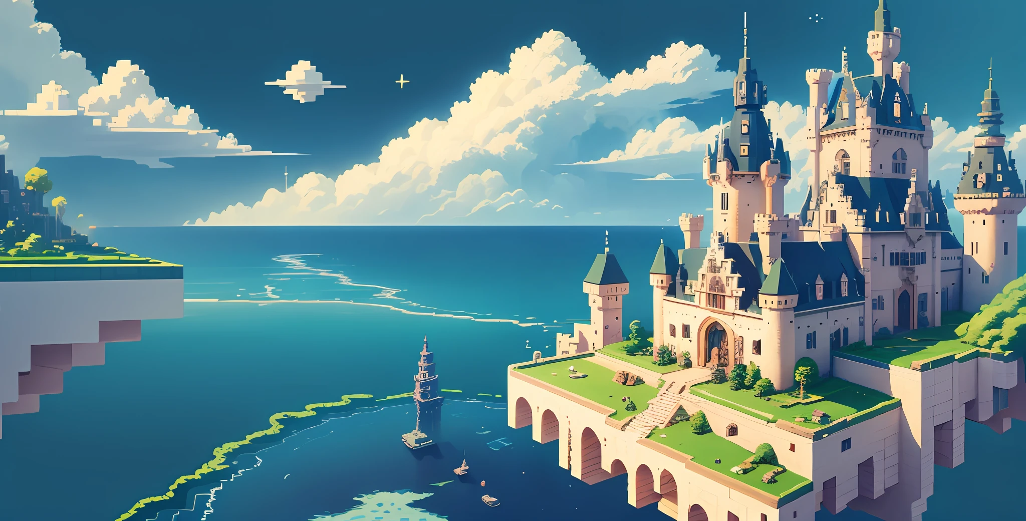 Pixel style, multi-dimensional space, high-quality pictures, tiny pixel blocks, sky, sea, dream town, castle in the sky, clouds, magnificent scene, town, endless scene --auto --s2