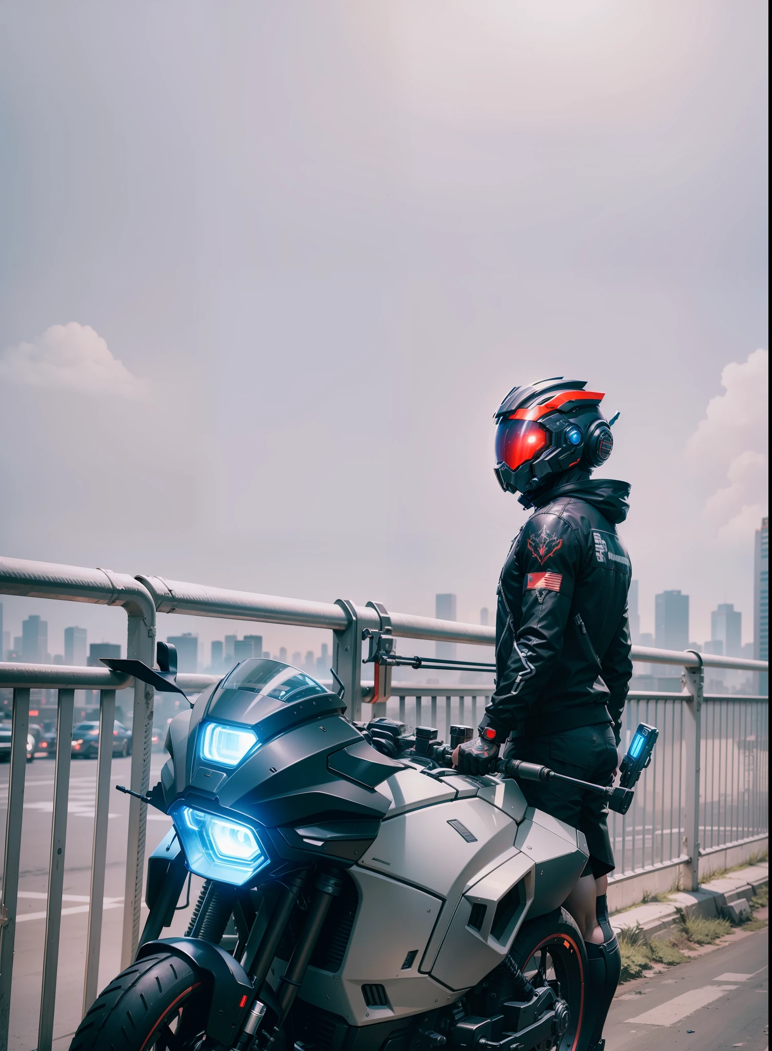 (Masterpiece: 1.2), Best Quality, High Score, Uniform 8k Wallpaper, (Illustration: 1.0), Beautiful Detailed, Very Detailed, Perfect Lighting, Very Detailed CG, Glowing Eyes, Backlight, Armor, Bust Mech, 1boy, Man, Strong, Tattoo on Leg, Warframe, Humanoid Robot, Helmet, Sample Background, Weapon, blue_armor, Looking at the Audience, Solo, Perspective, Red helmet, black bike, black clothes, blue light, shorts, strong muscles, cyberpunk,