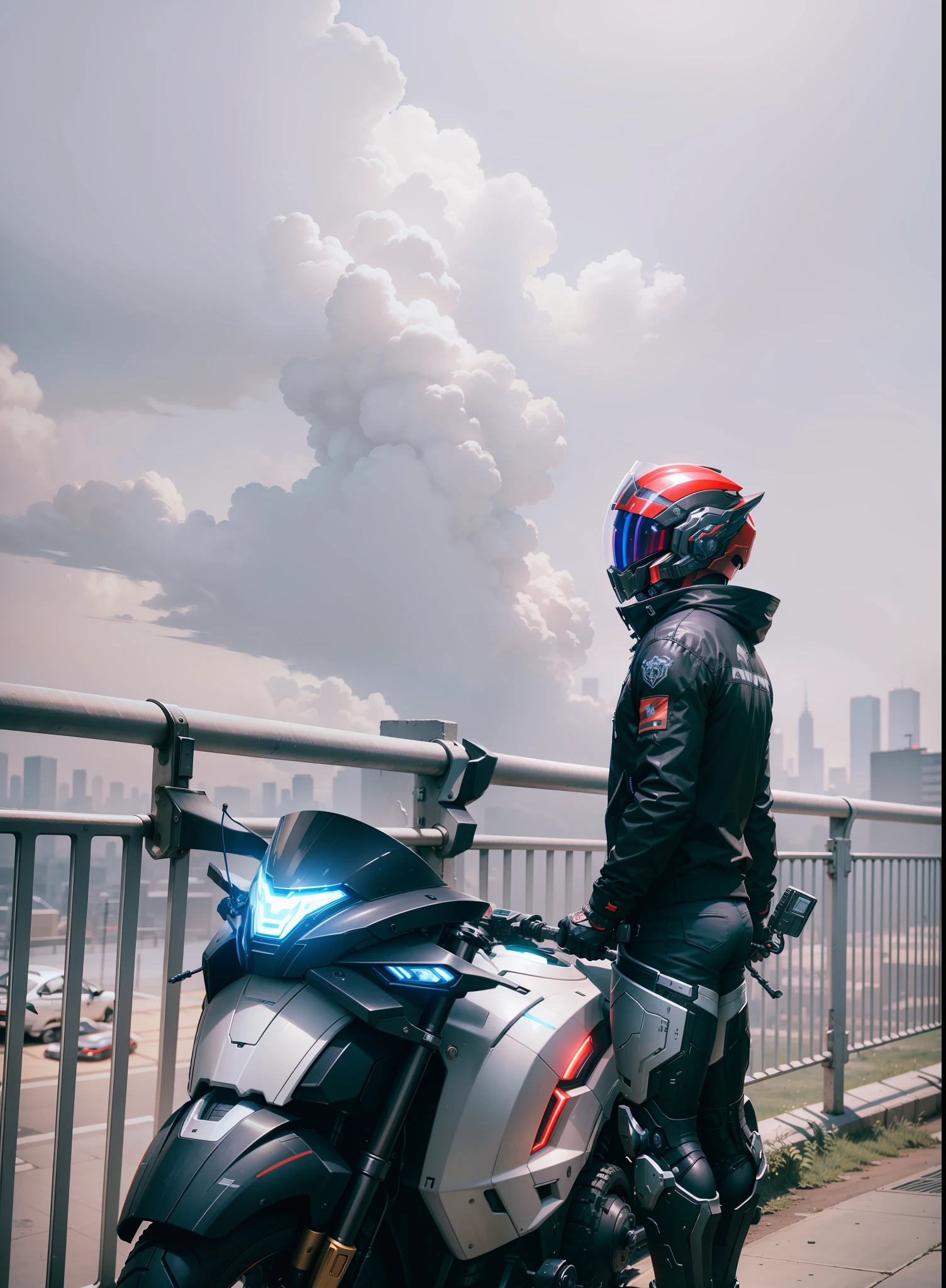 (Masterpiece: 1.2), Best Quality, High Score, Uniform 8k Wallpaper, (Illustration: 1.0), Beautiful Detailed, Very Detailed, Perfect Lighting, Very Detailed CG, Glowing Eyes, Backlight, Armor, Bust Mech, 1boy, Man, Strong, Tattoo on Leg, Warframe, Humanoid Robot, Helmet, Sample Background, Weapon, blue_armor, Looking at the Audience, Solo, Perspective, Red helmet, black bike, black clothes, blue light, shorts, strong muscles, cyberpunk,
