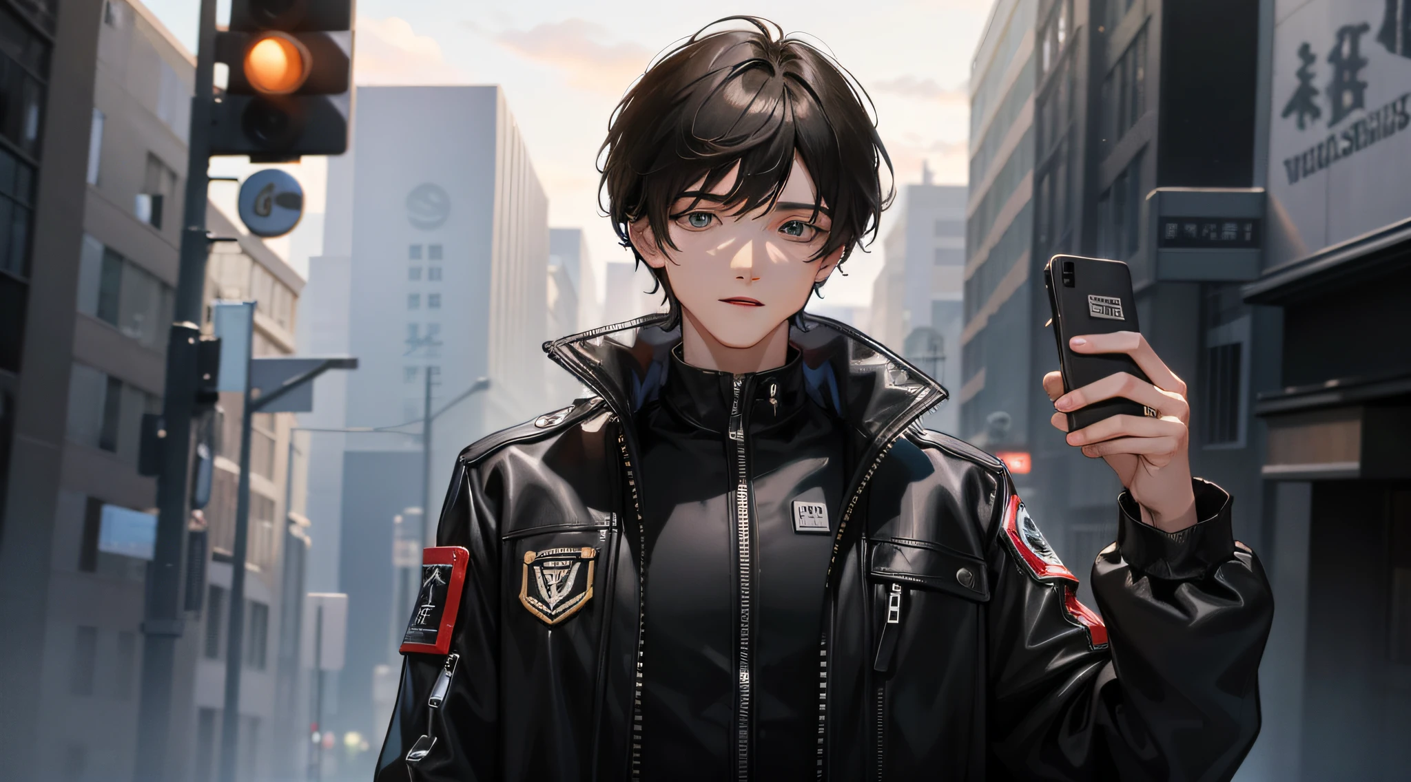 A young man with upper body, front face, short black hair, black storm jacket, holding a mobile phone in his hand