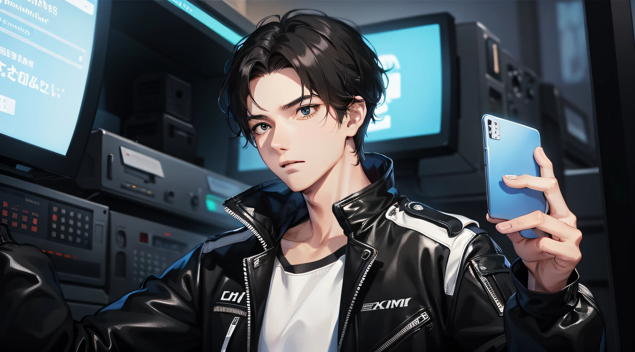 A young man with upper body, front face, short black hair, black storm jacket, holding a mobile phone in his hand