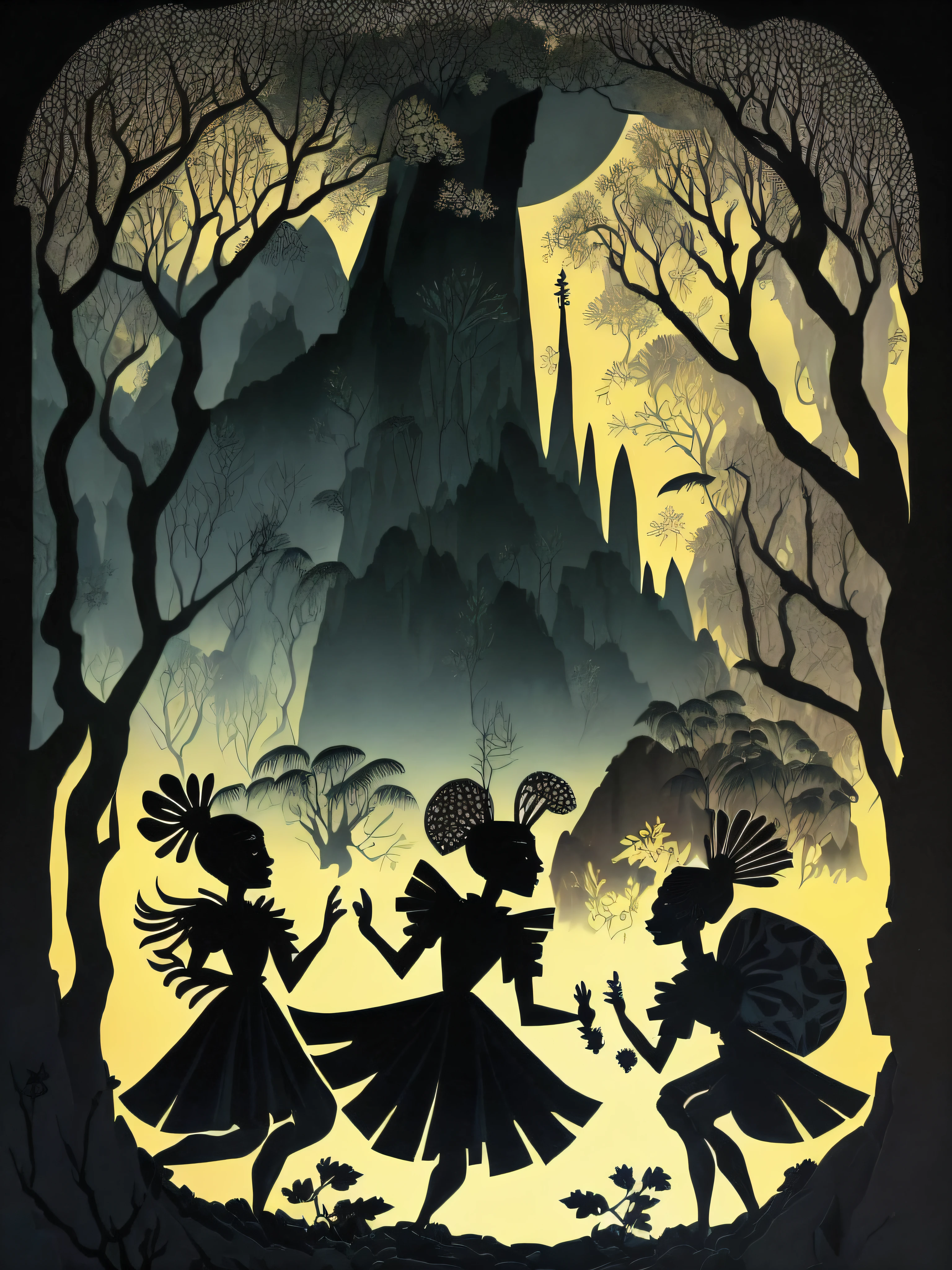a paper cut scene of a group of trribal people dancing on a fileld with trees and jungle in the background by Lotte Reiniger