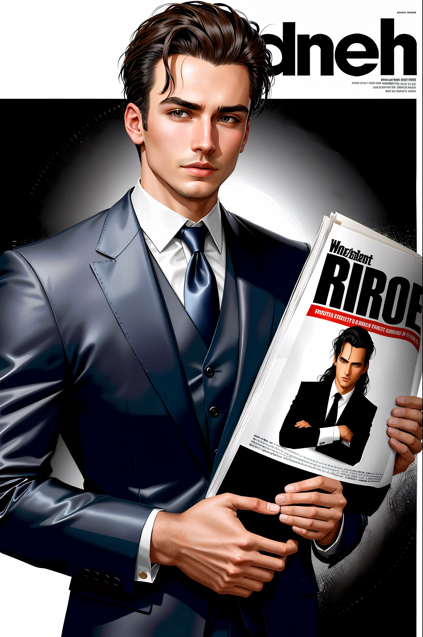 masterpiece, best quality, portrait, 1 guy, young, dark hair, eyebrows visible through hair, hair slicked back, wearing a suit, tie, serious, cool, not smiling, no bearded, about 20 years old, looking at viewer, black eyes illustration, (magazine:1.3), (cover style:1.3), fashion, vibrant, outfit, front, background, elements , confident, expression, holding, statement, accessory, monumental, scroll, around, touch, scene, text, cover, bold, draw attention, title, style, font , attractive, headline, bigger, standout, modern, trendy, fashionable,