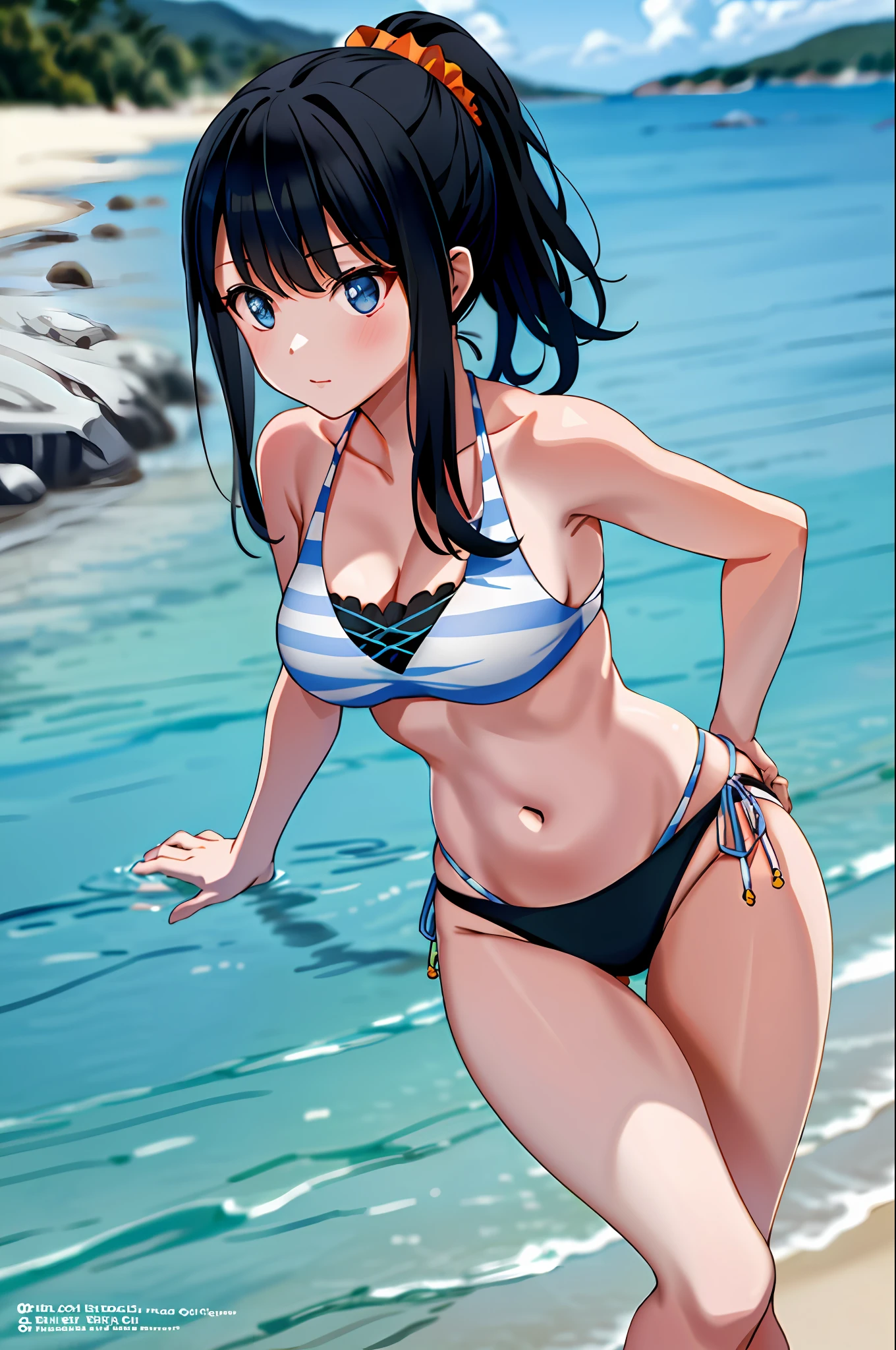 masterpiece, best quality, highres, rikka2, 1girl, takarada rikka, black hair, blue eyes, solo, white bikini, ponytail, side-tie bikini bottom, orange scrunchie, navel, breasts, long hair, medium breasts, bangs, cowboy shot, beach