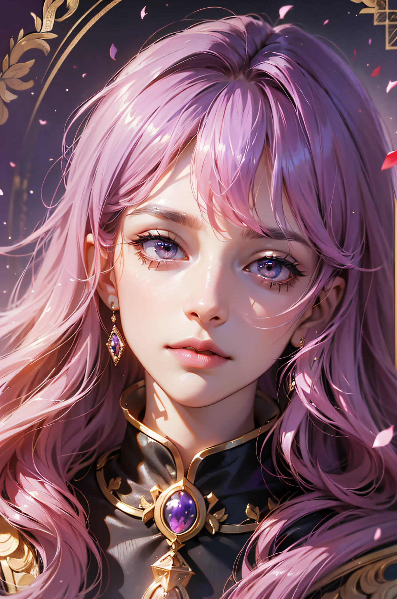 (absurdres, highres, ultra detailed), 1woman, mature female, aged up, wavy long hair, pink hair, dark brown eyes, bangs, long sleeves, finely detailed eyes and detailed face, extremely detailed CG unity 8k wallpaper, intricate details, portrait, looking up, solo, half shot, detailed background, detailed face, (purple medieval byzantine theme:1.1), royal monarch, aristocratic, floating particles, rose petals, sitting on stairs, ballroom background, symmetrical composition, sidelighting, cinematic atmosphere, shadows, royal crown, jewels, , portrait, wind swirling