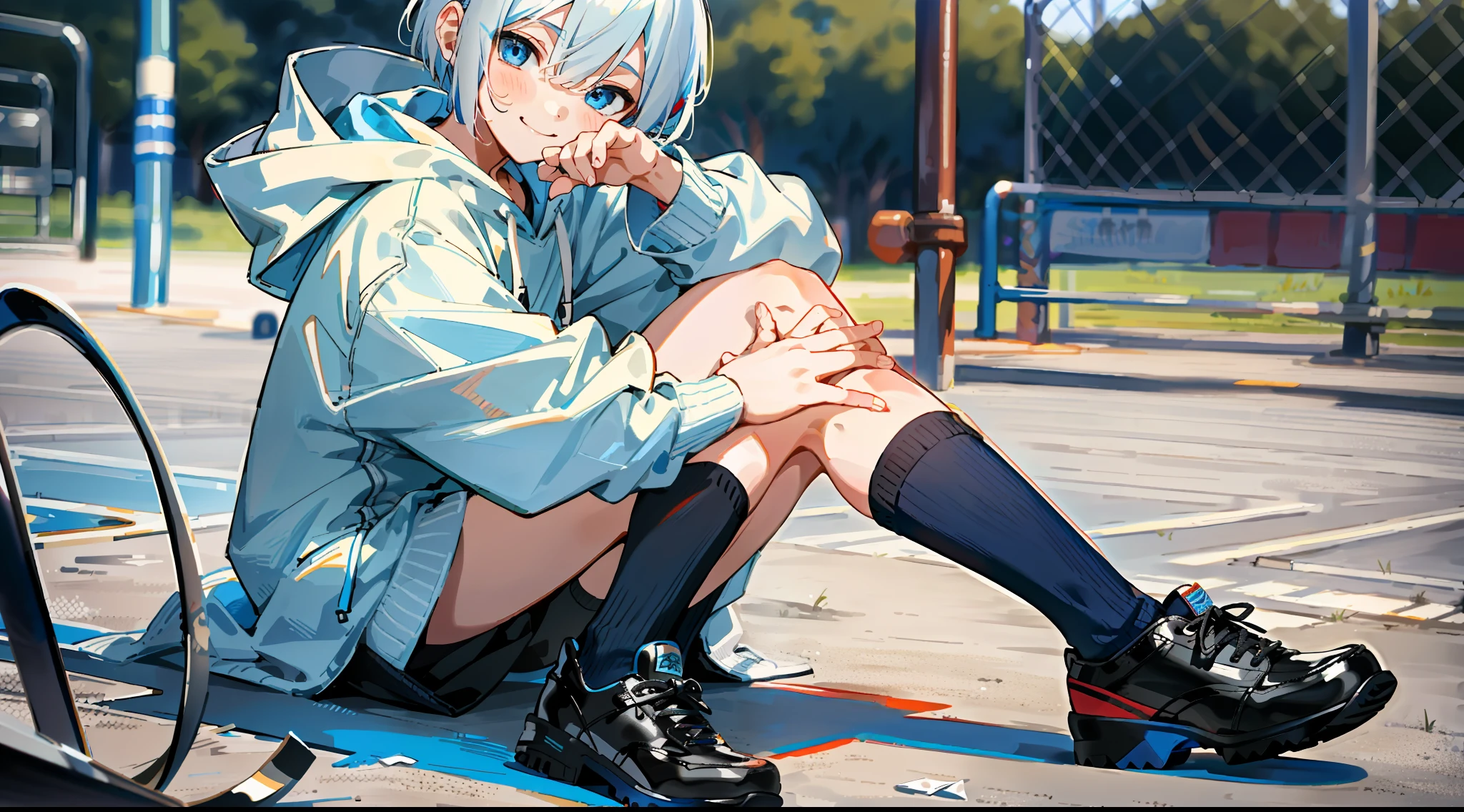 HD picture, lots of details, children's youthful style, strong and vibrant blue eyes, playground background, white Bob hairstyle 1boy sitting on the ground, wearing slim white hoodie and black knee socks, smiling, black shoes, depth of field, full body view, scissor hand gesture directly ahead.