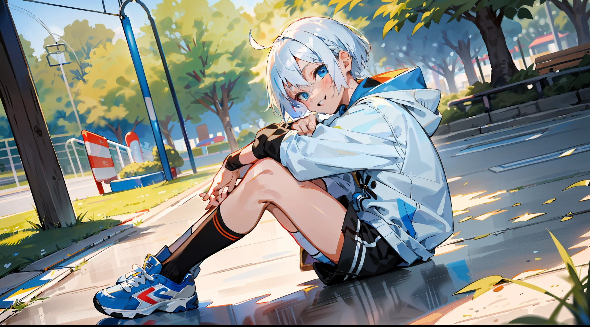 HD picture, lots of details, children's youthful style, strong and vibrant blue eyes, playground background, white Bob hairstyle 1boy sitting on the ground, wearing slim white hoodie and black knee socks, smiling, black shoes, depth of field, full body view, scissor hand gesture directly ahead.