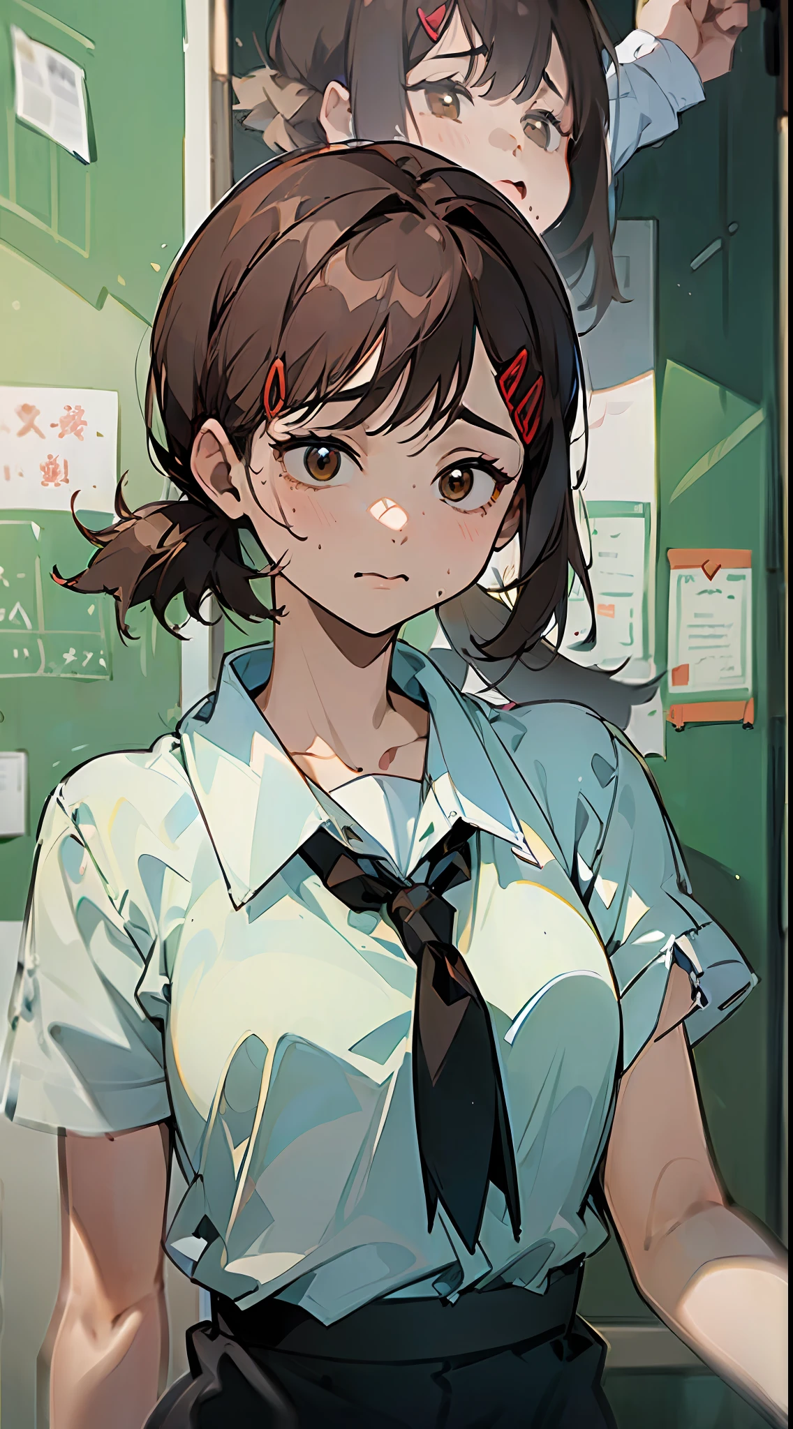 (((Masterpiece, Excellent)), (1girl), ((Cute Girl)), brown hair, cute expression, ((Office lady)), bangs, mid-chest, (Busty), slim, school clothing, street stalls, daily wind