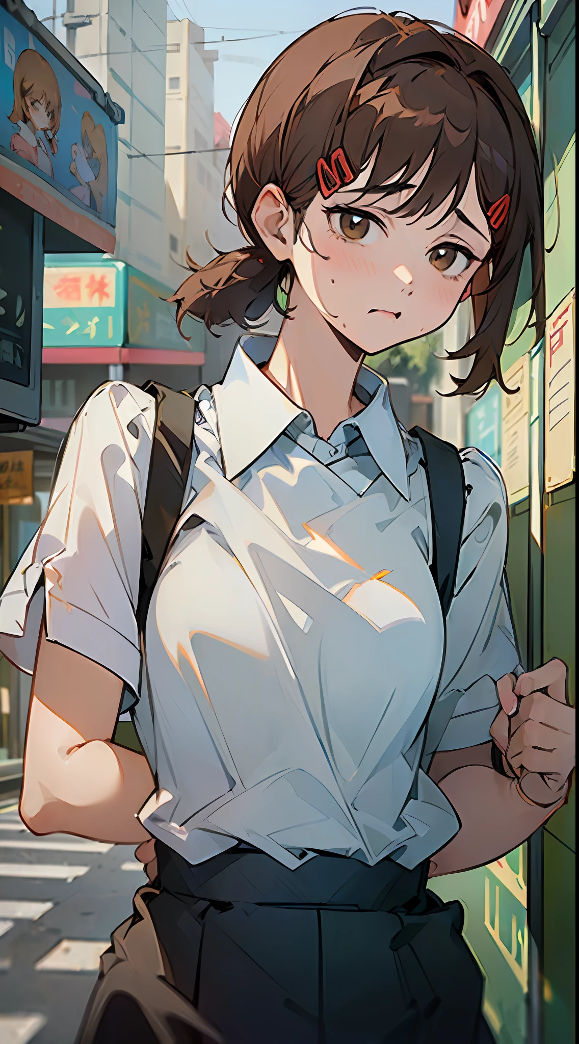 (((Masterpiece, Excellent)), (1girl), ((Cute Girl)), brown hair, cute expression, ((Office lady)), bangs, mid-chest, (Busty), slim, school clothing, street stalls, daily wind