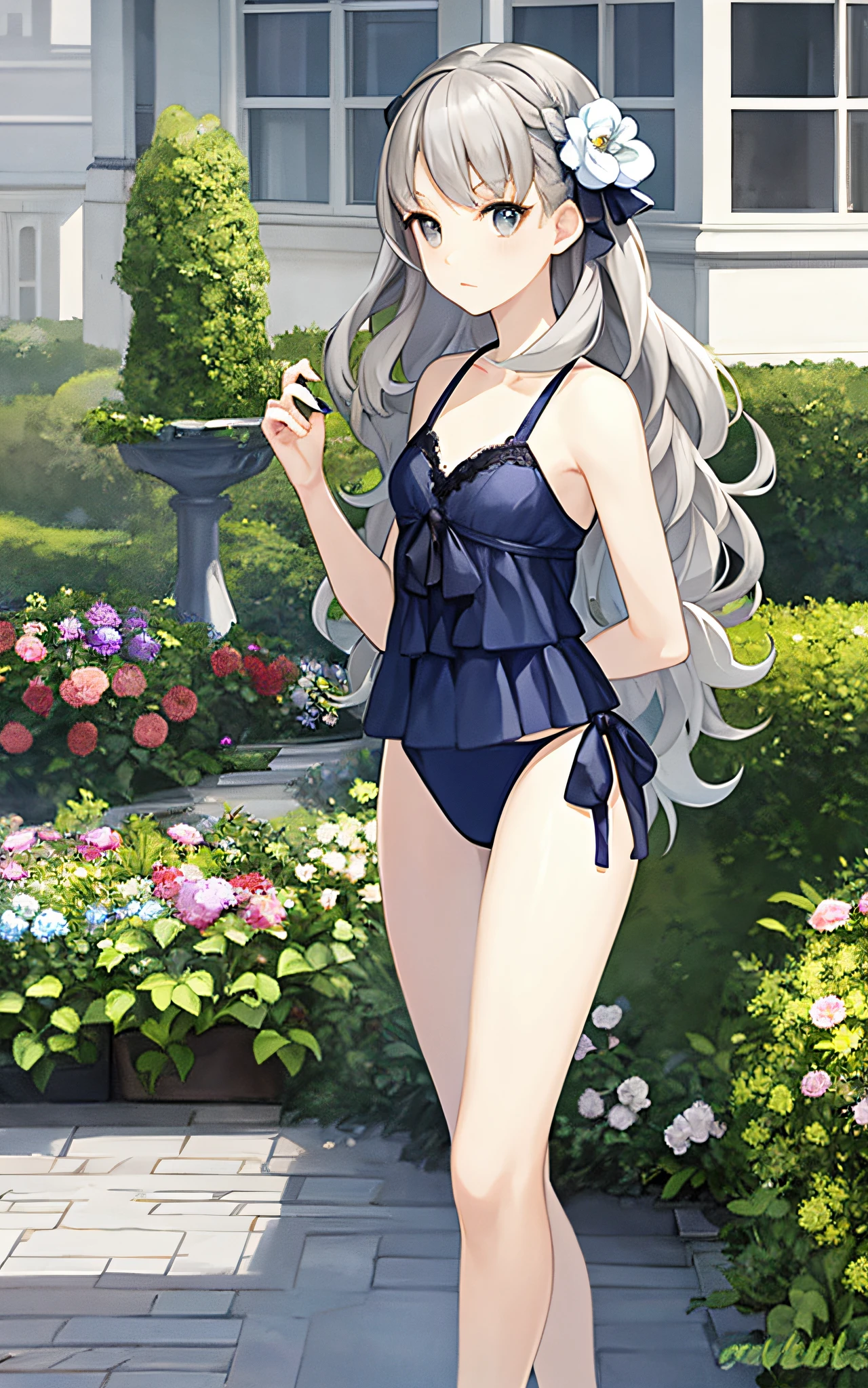 masterpiece, best quality,fuyusaka iori 1, 1girl, solo, (venus bikini:1.2),hair flower, hair ornament, flower, long hair , full body, grey hair, white flower, grey eyes,looking at viewer, highly detailed city background,(ulzzang-6500:0.8), blush,