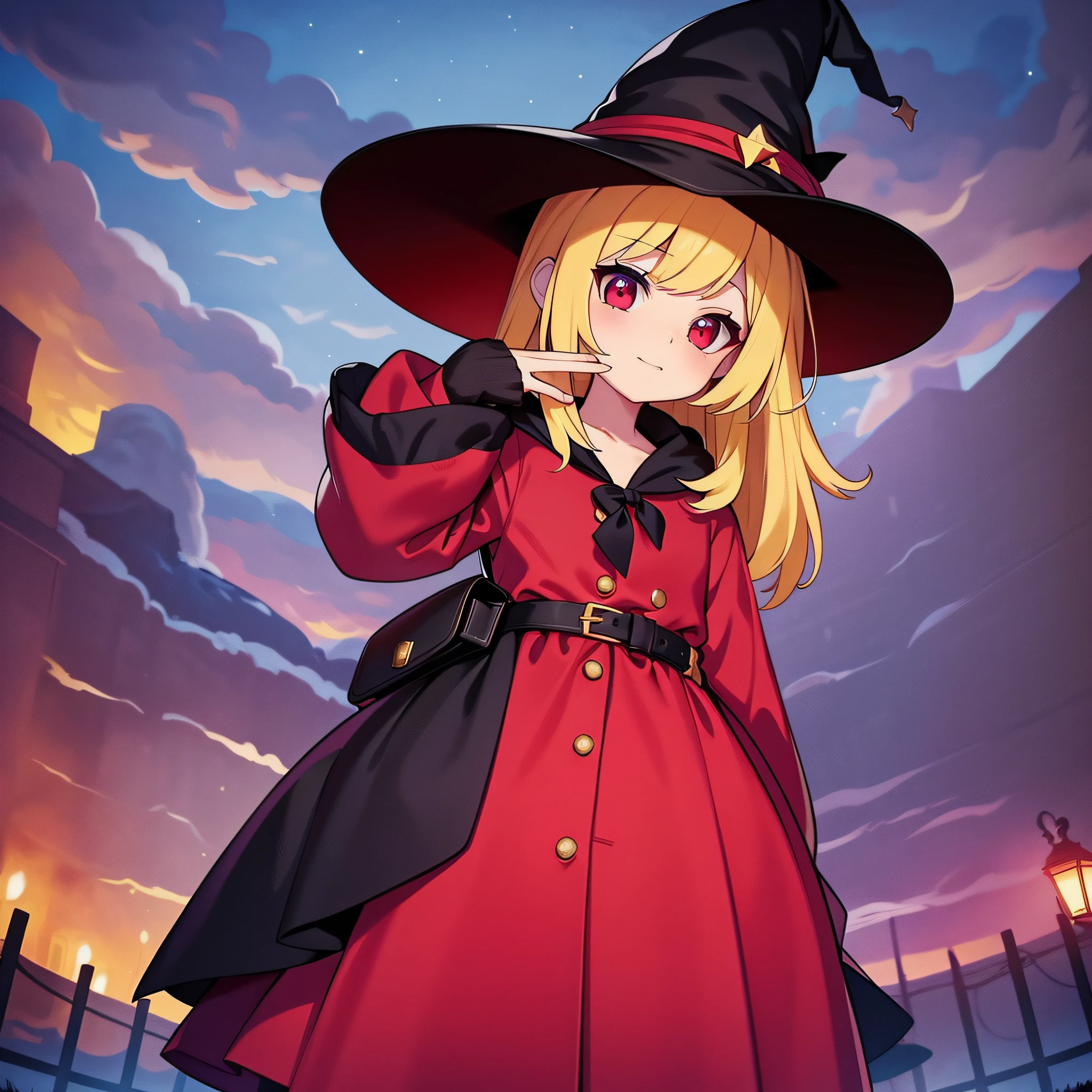 Witch, carmine colors, witch hat, witch outfit, outside at dusk under clouds and emerging stars, masterpiece, best quality