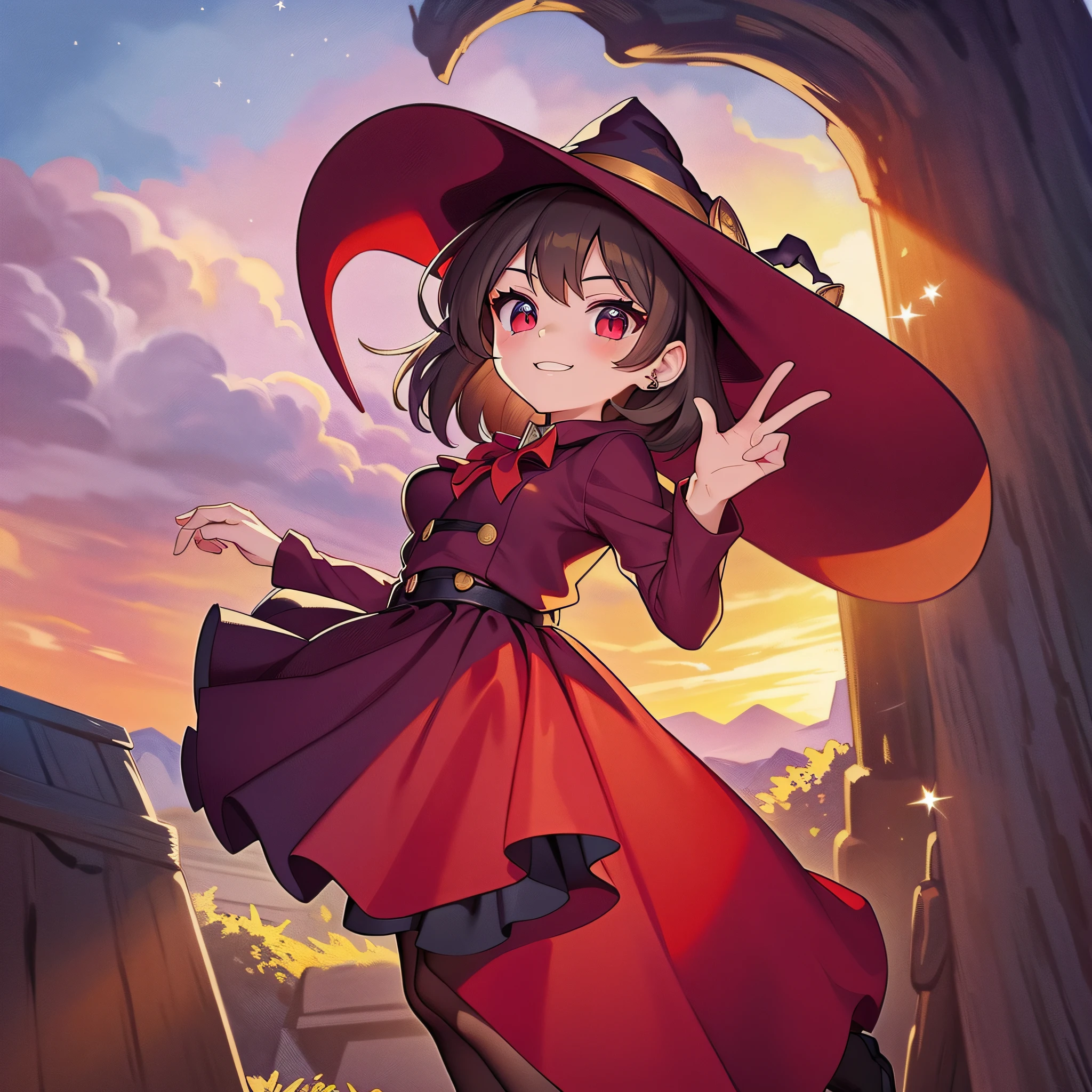 Witch, carmine colors, witch hat, witch outfit, outside at dusk under clouds and emerging stars, masterpiece, best quality