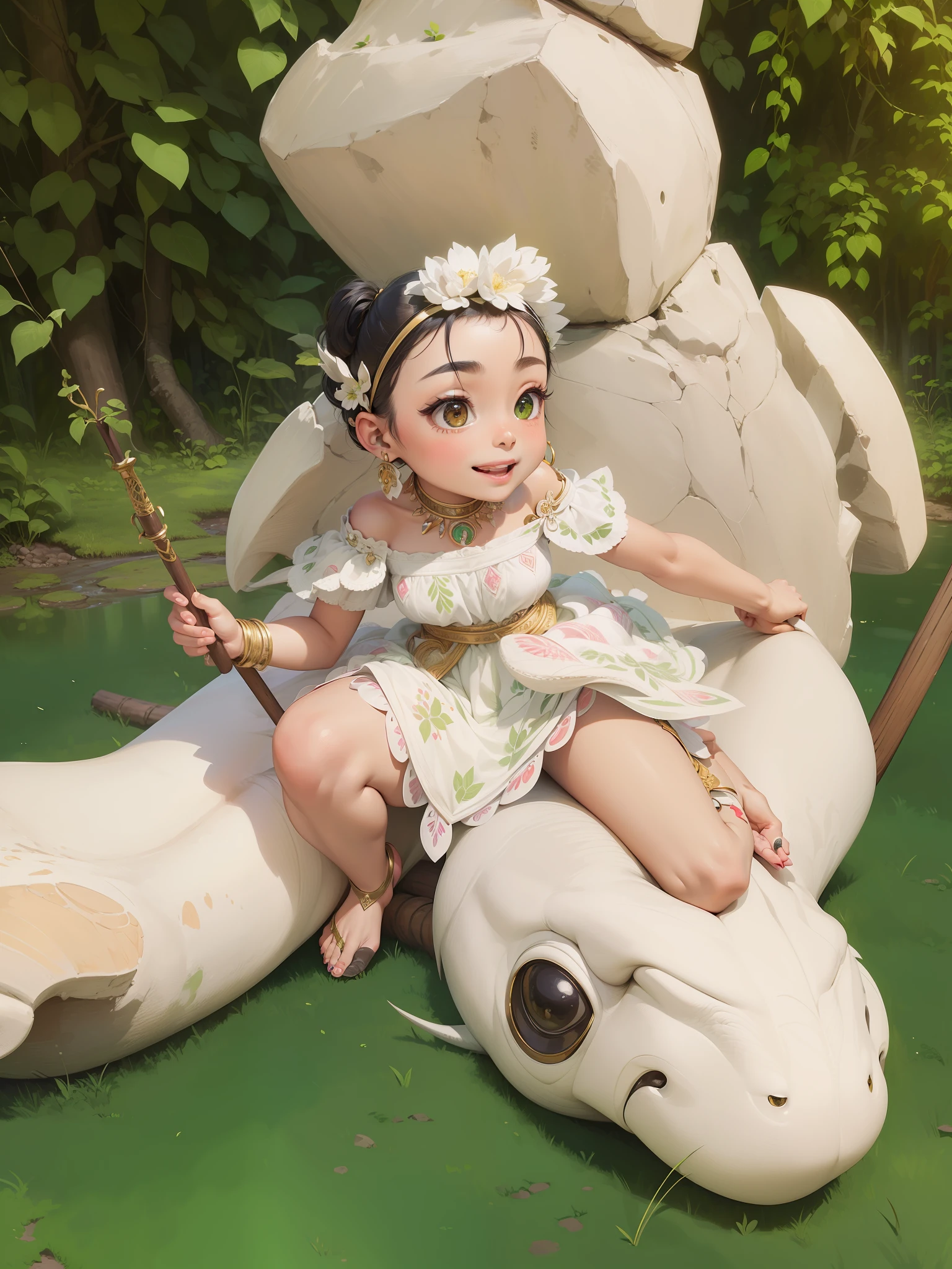 (masterpiece),(best quality),(ultra-detailed), intricate design, (full body:1.2), 1girl in amazonian forest, (chibi:1.1), cute, smile, [(black hair)], [(green eyes)], primitive jewelry, traditional amazon revealing clothing, holding spear, seductive posture, (beautiful detailed face), (beautiful detailed eyes), fighting a wild animal,