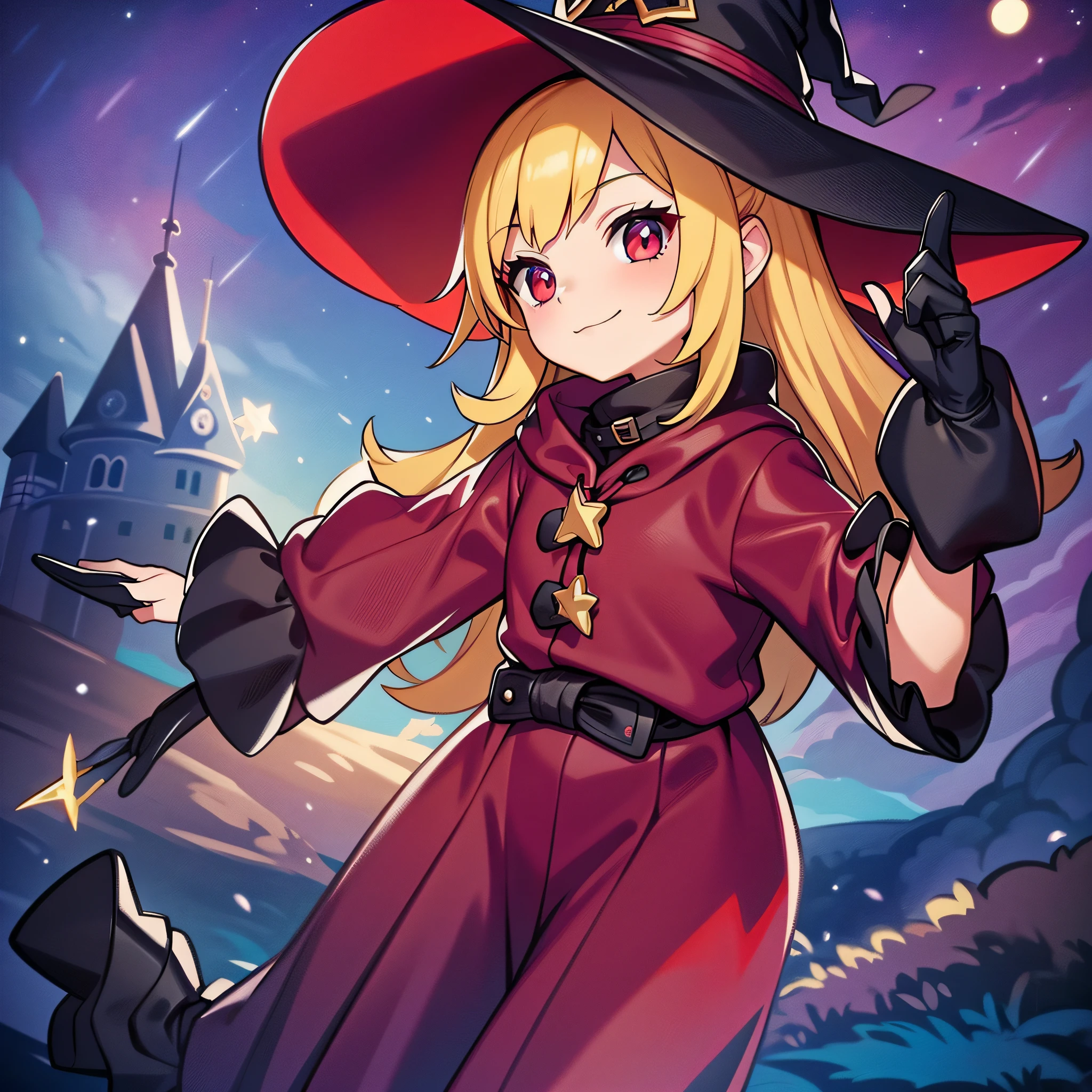 Witch, carmine colors, witch hat, witch outfit, outside at dusk under clouds and emerging stars, masterpiece, best quality