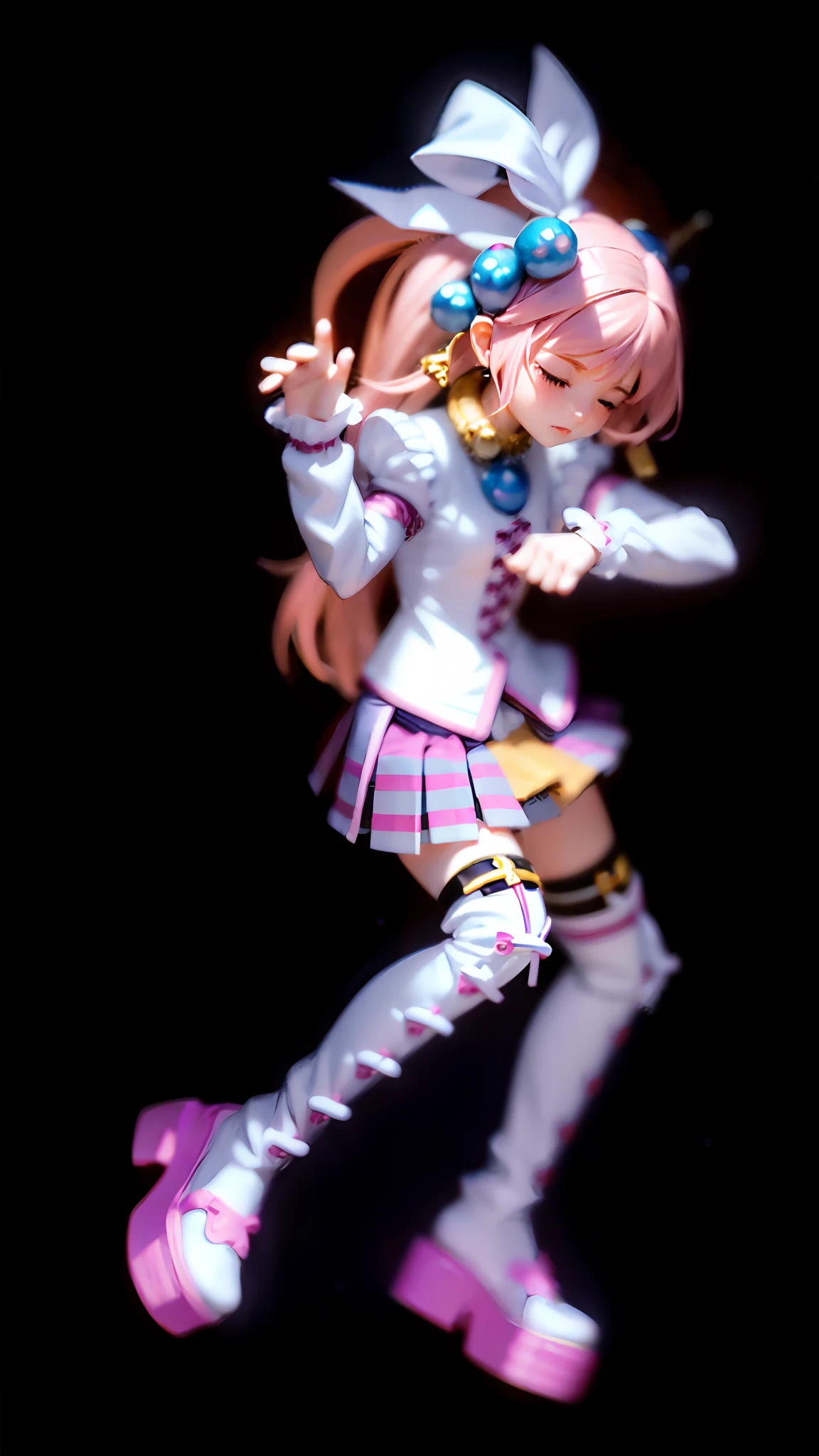 (Lora+QuickHand: 1.2), (Masterpiece: 1.5), (Best Quality: 1.5), 8K resolution, (Perfect Hand: 1.5), a girl's beautiful expression with her eyes closed, beaten and crying, small mouth, (pink hair: 1.3 + single ponytail), (white top: 1.2), (pink pleated skirt: 1.2), (pink over-the-knee socks: 1.2), (white boots: 1.2), (no background: 1.5), (slender legs: 1.2) ), the light source on the right "