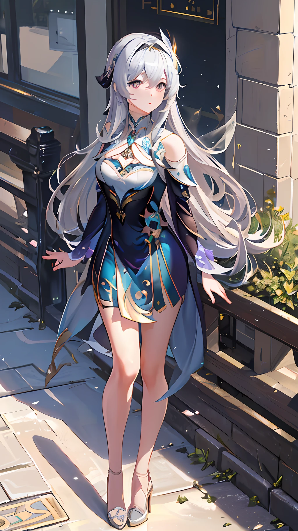 (Masterpiece, Superb Quality, Super Delicate, High Resolution), Perfect Face, Side Light, Glow Skin, Standing, (Bloom), (Shine), Lighting, Ray Tracing, Sci-Fi, City, Street, Outdoor, Depth of Field, Deep River (Genshin Impact\), Silver Eyes, Hair Above One Eye, (Hair Accessory), Chest, High Heels, Long Hair, Water Whirlwind