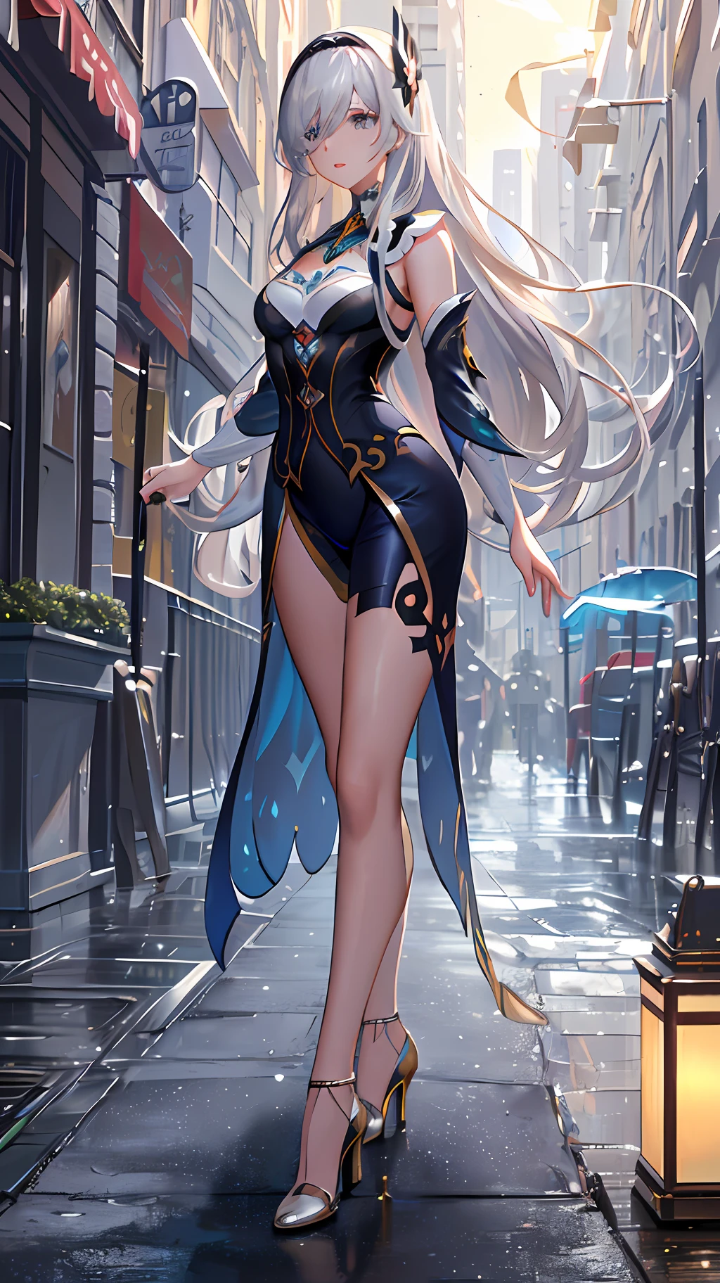 (Masterpiece, Superb Quality, Super Delicate, High Resolution), Perfect Face, Side Light, Glow Skin, Standing, (Bloom), (Shine), Lighting, Ray Tracing, Sci-Fi, City, Street, Outdoor, Depth of Field, Deep River (Genshin Impact\), Silver Eyes, Hair Above One Eye, (Hair Accessory), Chest, High Heels, Long Hair, Water Whirlwind