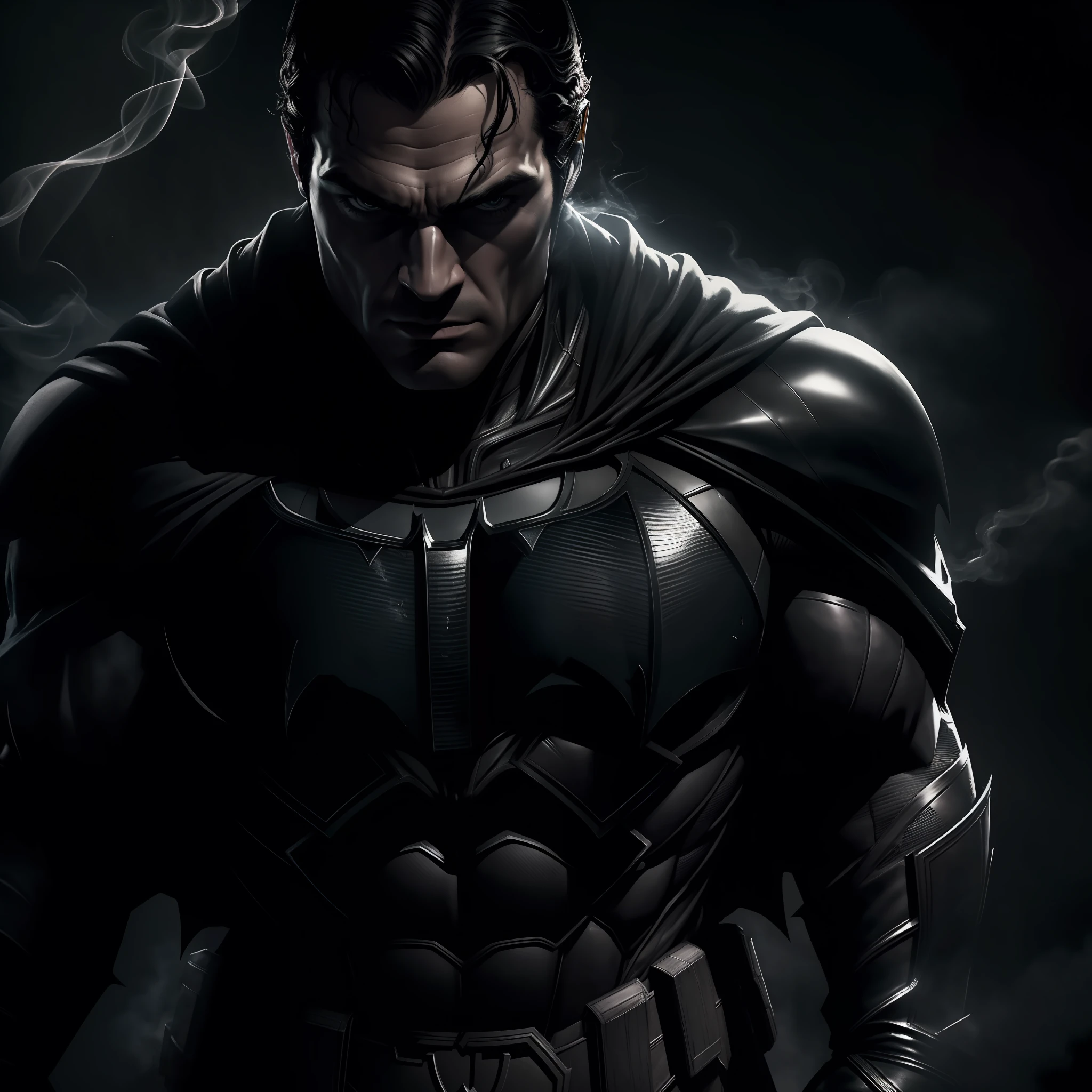 (best quality, masterpiece),ultra-detailed, (dark theme:1.2), (Henry Cavil:1.1) in (Batman costume:1.1), moody lighting, sharp shadows, dynamic pose, powerful expression, (close-up:1.2), VFX, cinematic feel, (high contrast:1.1), black leather suit, (smoke and fog:1.1), gritty details.