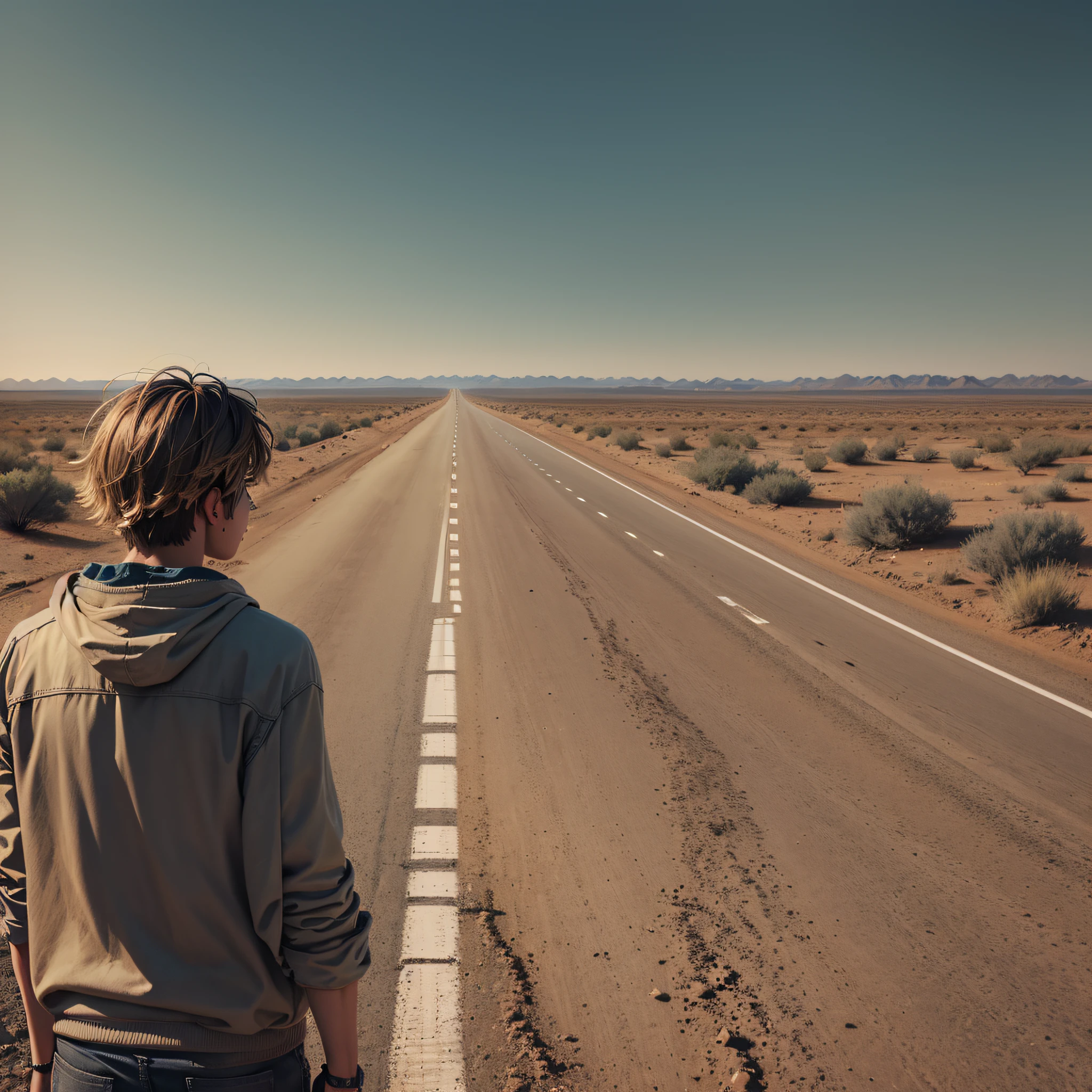 There is a man standing in the middle of the road looking at the road, standing on the road, on the desert road, the long road, standing bravely on the road, the open road, the desert road, the highway, traveling on the long dirt road, crossing the desert, the lonely man in the distance, looking at the horizon, on the dark desert road, wandering the desert landscape