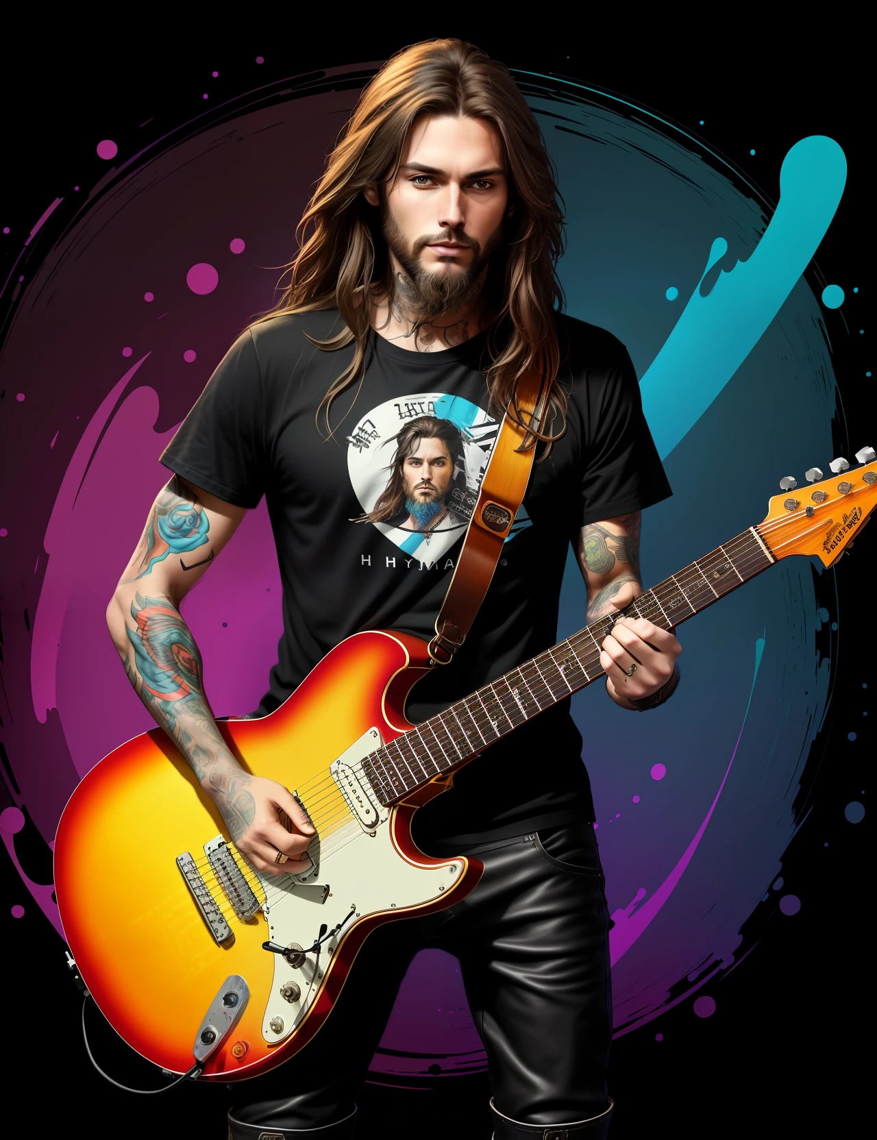 A guitarist musician, tall with long brown hair, full body, wearing boots, stylish, expressive face wearing a beard, with tattoos on his arms, a colorful guitar, matte black background