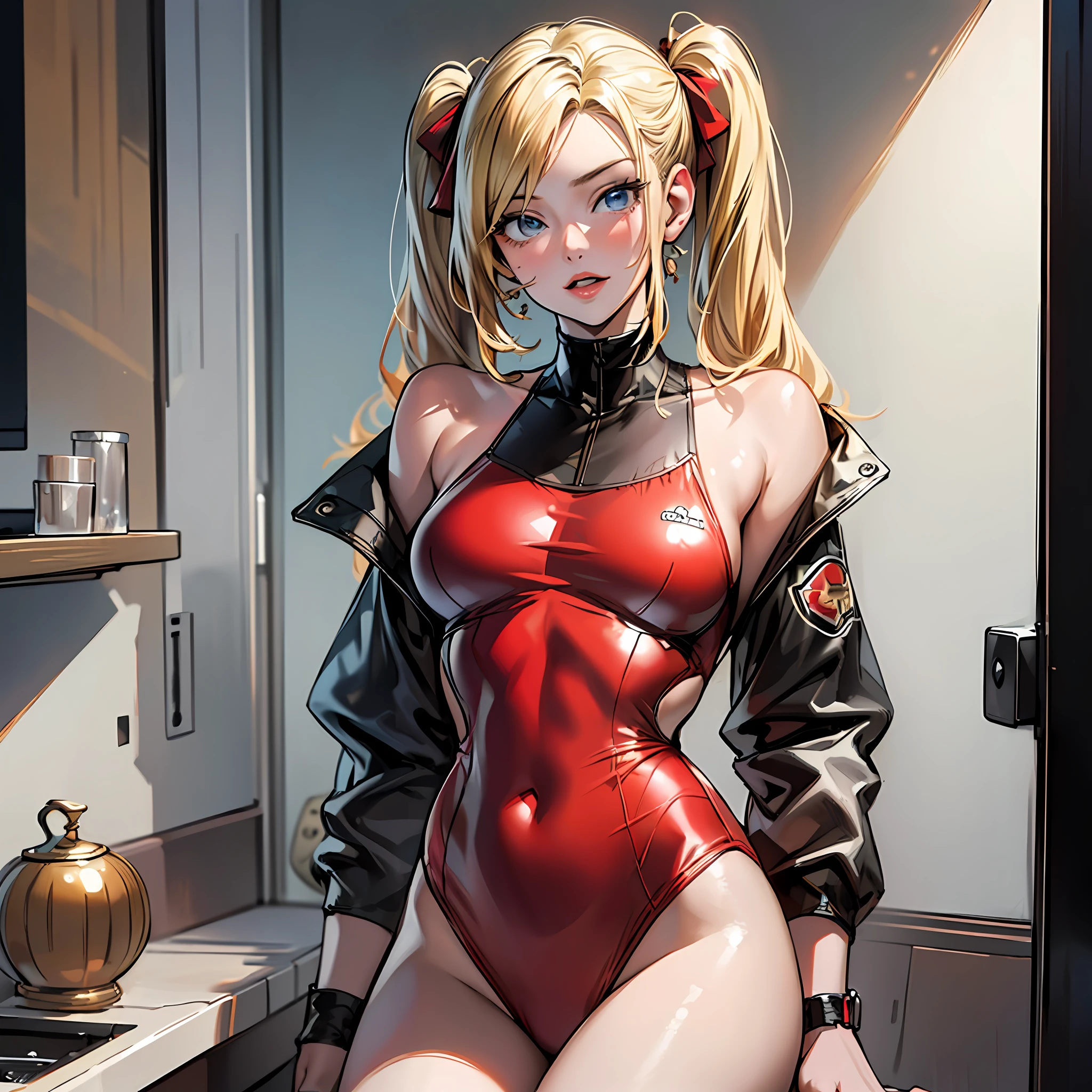 (8k), (best quality), (masterpiece: 1.2), (realistic), (photorealistic: 1.37), super detailed, one girl, viewer is watching, full body, 25 years old, blonde twin tails, red one-piece swimsuit