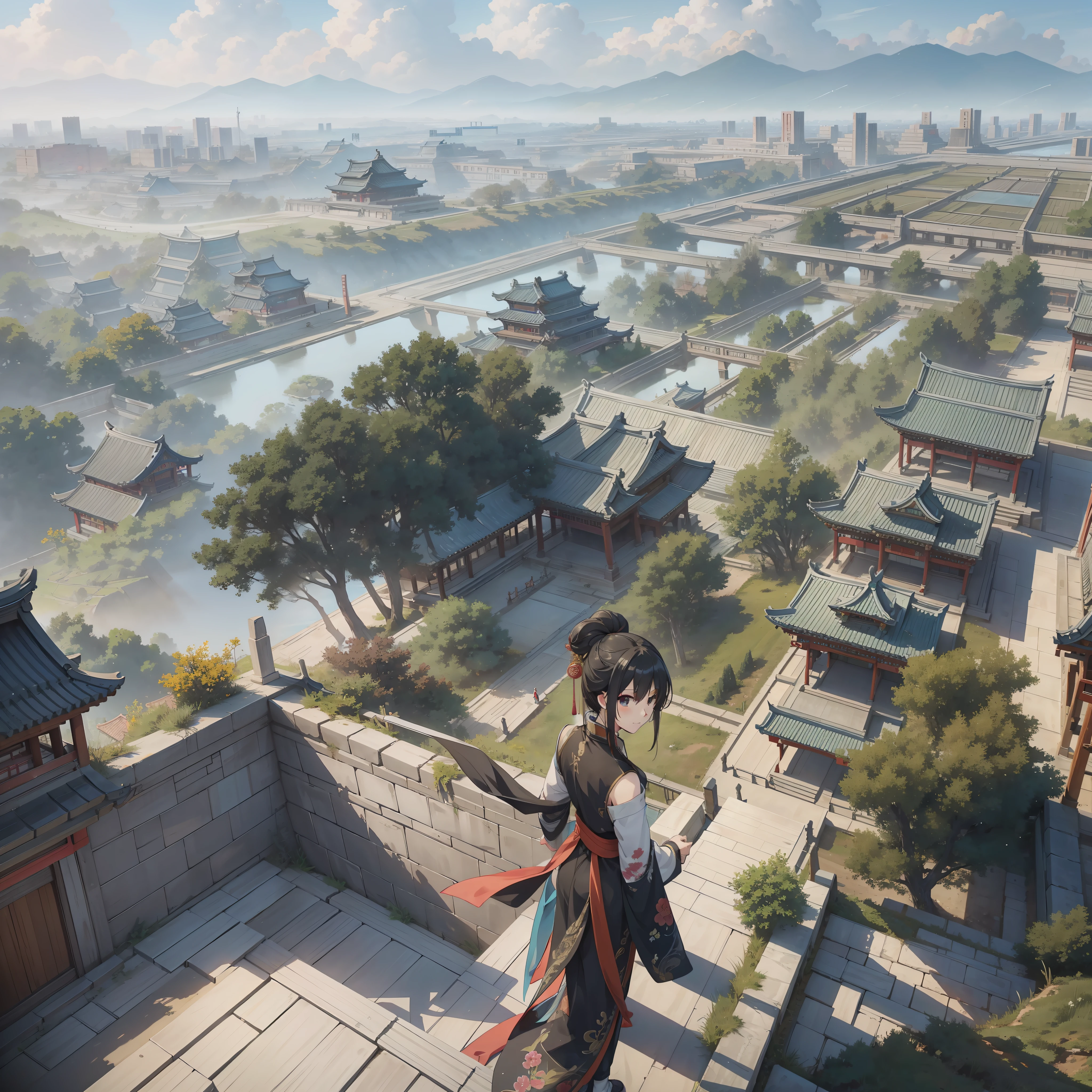 High-altitude overlook of ancient Chinese city, (background is ancient Chinese city 1.5) anime style 4 K, anime rendering, anime style. 8K, (cinematic lighting 1.5)