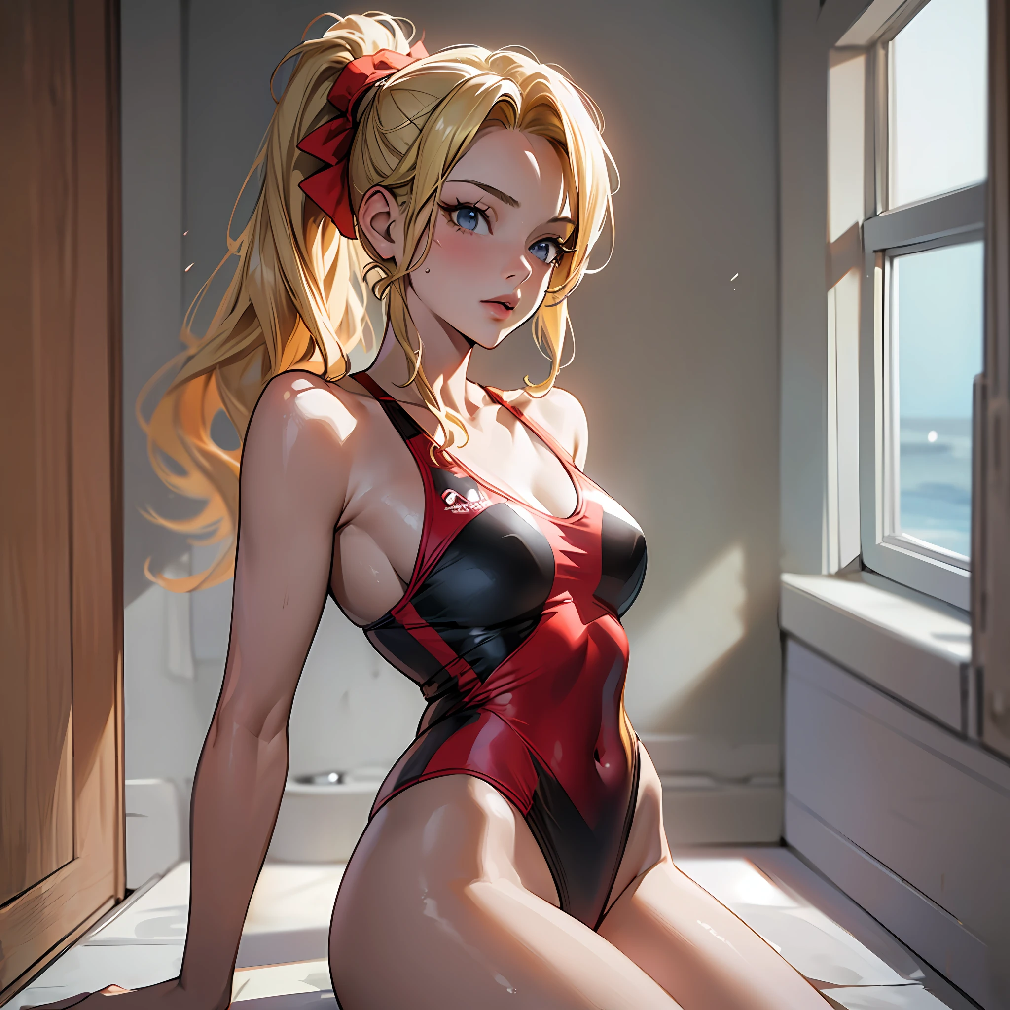 (8k), (Best Quality), (Masterpiece: 1.2), (Realistic), (Photorealistic: 1.37), Super Detailed, One Girl, Viewer, Bathroom, Full Body, 25 years old, Blonde Ponytail, Red One Piece Swimsuit