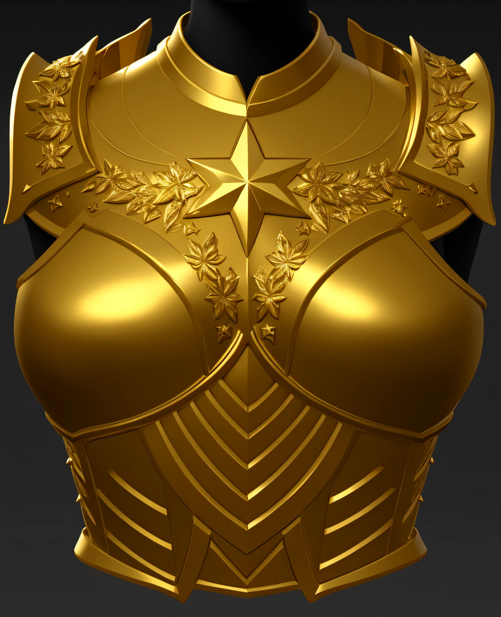 a close up of a golden body armor with a star on it,highly detailed,intricate, upper torso included, upper torso, detailed torso, short torso, very detailed torso, female human torso, torso, retopology, body ribs meshes, zbrush sculpt colored, zbrush sculpt, modelled in zbrush, uv map, untextured