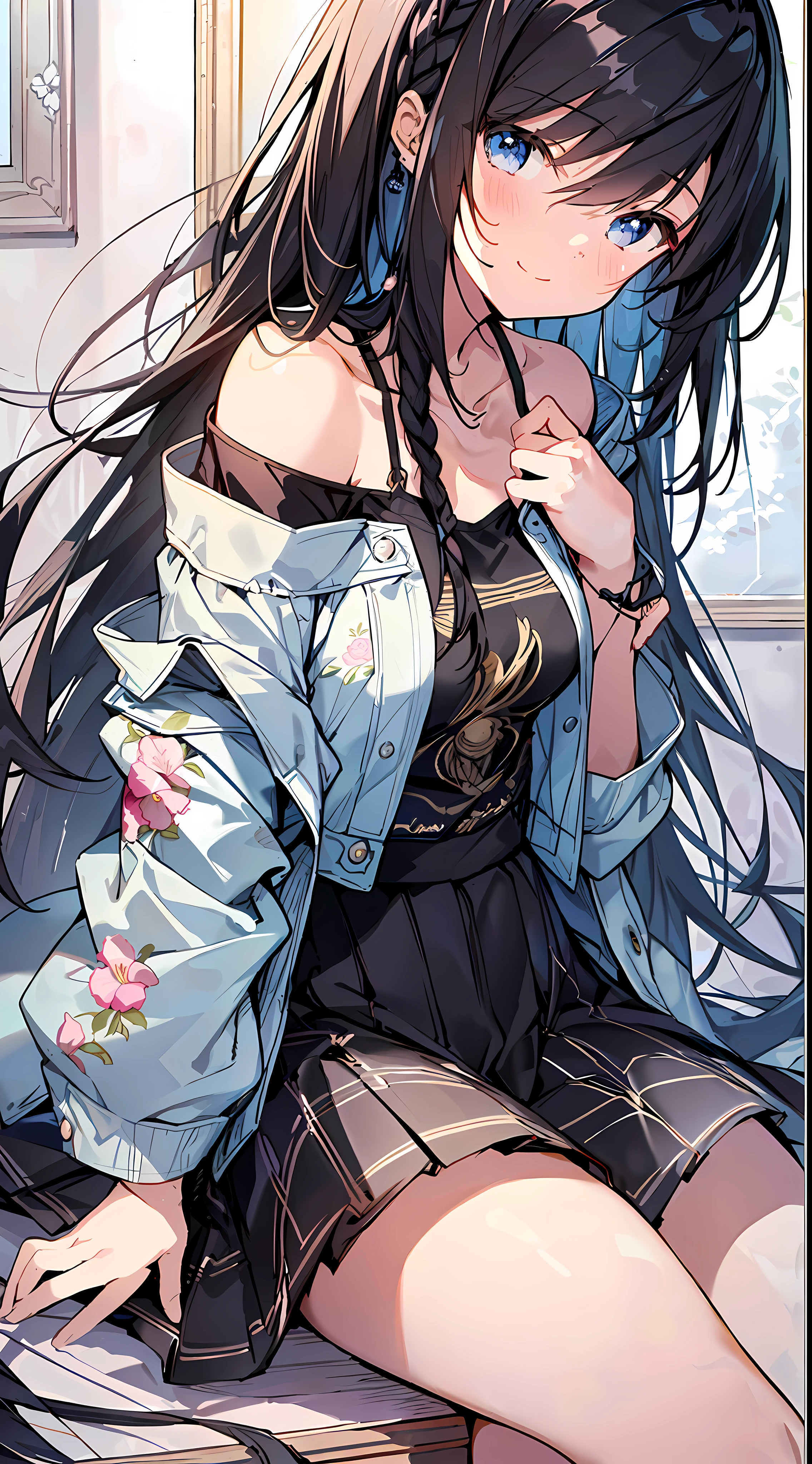 Beautiful and aesthetic: 1.5, (incredibly absurdres absolutely resolution: 1.5), highest quality, masterpiece, ultra high resolution, 8k, sun, (denim jacket, patterned print t-shirt, skirt), shojo manga style, , low life, soft line art, digital enhancement, Shoujo Manga Touch, Shoujo Manga Core, (Hair length to shoulder))), (Short braid))), Soft drawing, Beautiful black hair, Clear eyes, (((Gentle smile)), Ultra-detailed digital anime art, Clear face depiction, Ultra-detailed shoujo manga character art, Clear facial features, Manga style, Top quality colors, Angle visible to the feet, entangle, High quality:1.3