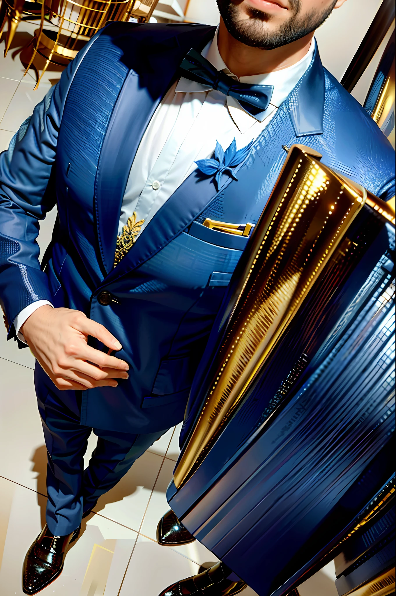 a closeup of a man in blue suit and bow tie, blue gold suit, blue suit, 3-piece suit, wearing dark blue suit, elegant suit, three-piece suit, cute and elegant, inspired by Ramon Pichot, wearing an elegant men's suit, elegant suit, luxurious suit, dark blue clothes embroidered in gold, wearing fashion suit
SFW, outdoor, detailed background, modern metropolis,