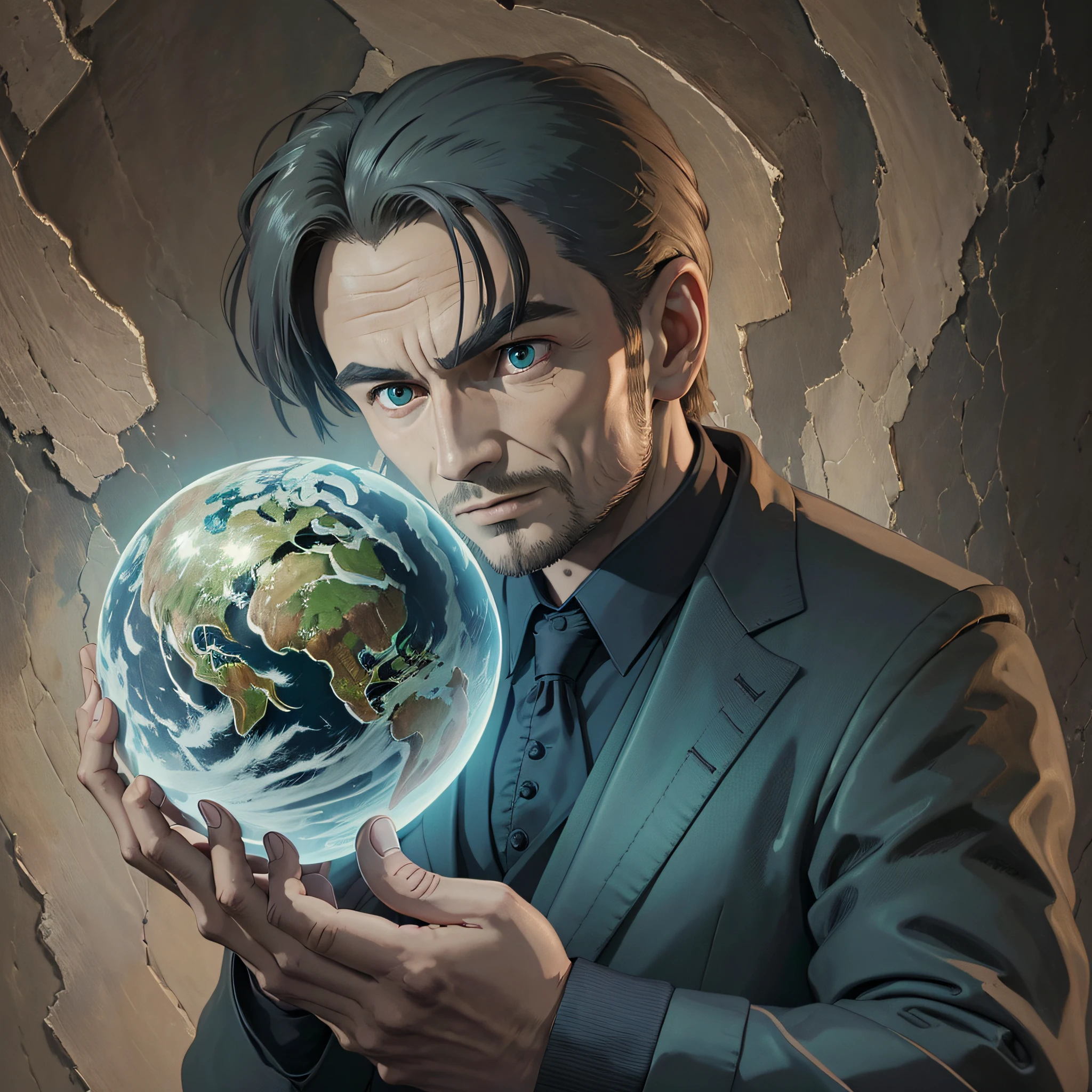a closeup of a man with an evil gaze, antichrist holding an earthly globe in his hands, holding a planet, is holding a planet earth, holding the earth in his hands, holding the earth, the source of future growth, small in size, man with evil gaze holding the planet earth in his hand as if it were over his dominion,  World Leader Posture Epic, realistic, Faded, Neutral Colors, (((((HDR)))), (((((Muted Colors)))), Intricate Scene, Artstation, Hyperdetailed, Cinematic Filmed, Dark, Intricate Details, Vignette, Complex Background, [[Teal and Orange]], Slate Gray Atmosphere, Perfect Lighting, Perfect Shading, (Photorealistic: 1.6), ((Black Suit) --auto --s2