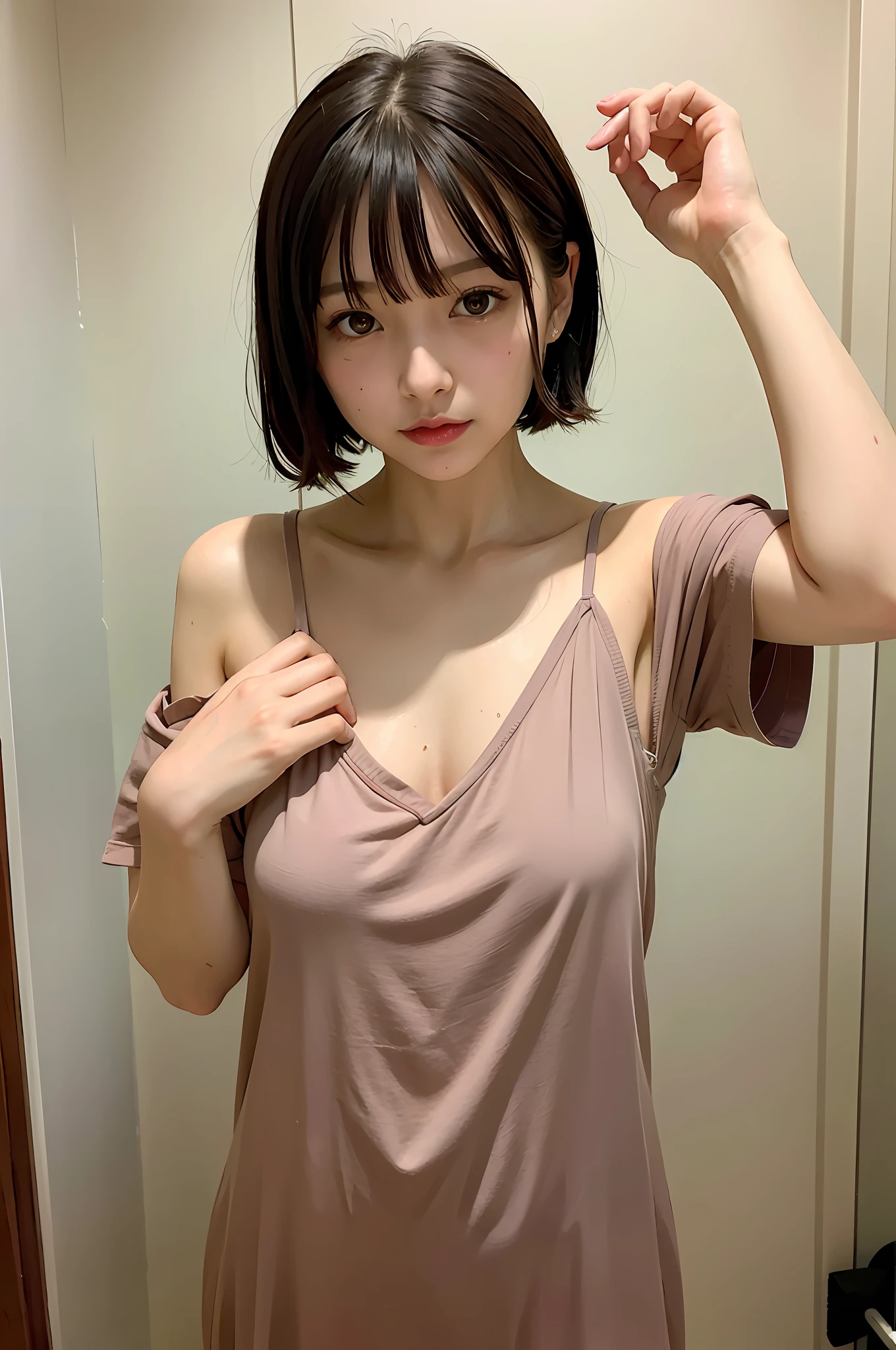 Nightgown, Girl in her 20s, Japan Girl, Small, Perfect Breasts, Perfect Skin, Wet Hair, Short Hair, Perfect, Dark Hair, Bangs, Brown Eyes, Perfect Skin, Perfect Figure, Hair Tied Back, Gravure,