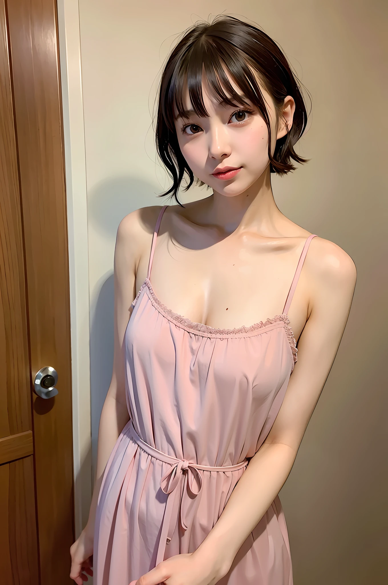 Nightgown, Girl in her 20s, Japan Girl, Small, Perfect Breasts, Perfect Skin, Wet Hair, Short Hair, Perfect, Dark Hair, Bangs, Brown Eyes, Perfect Skin, Perfect Figure, Hair Tied Back, Gravure,