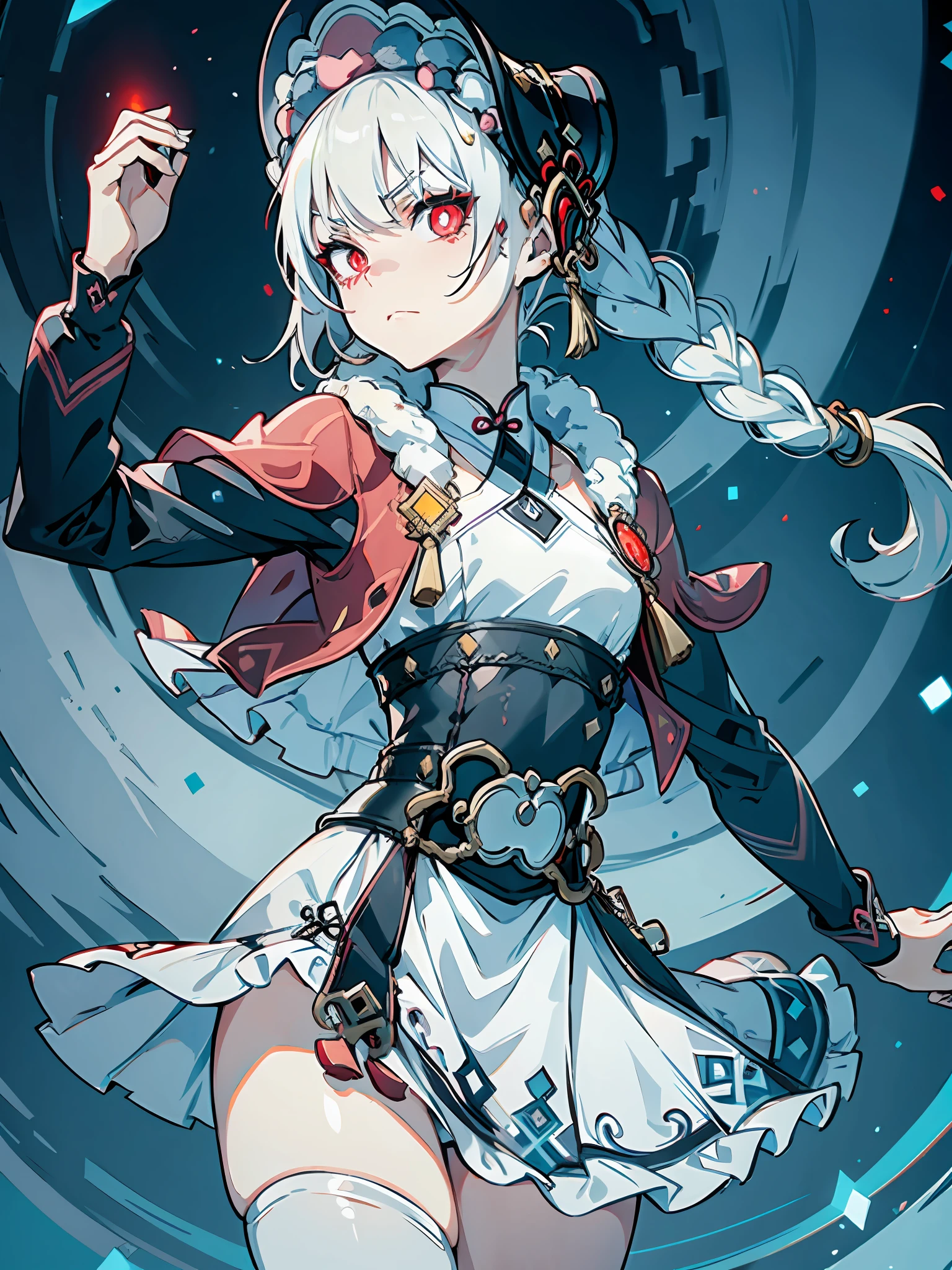 "A sinister figure with (frowning) expression and bright red eyes gazes piercingly at the viewer with a cold and bored demeanor, hinting at a hidden evil lurking just beneath the surface."