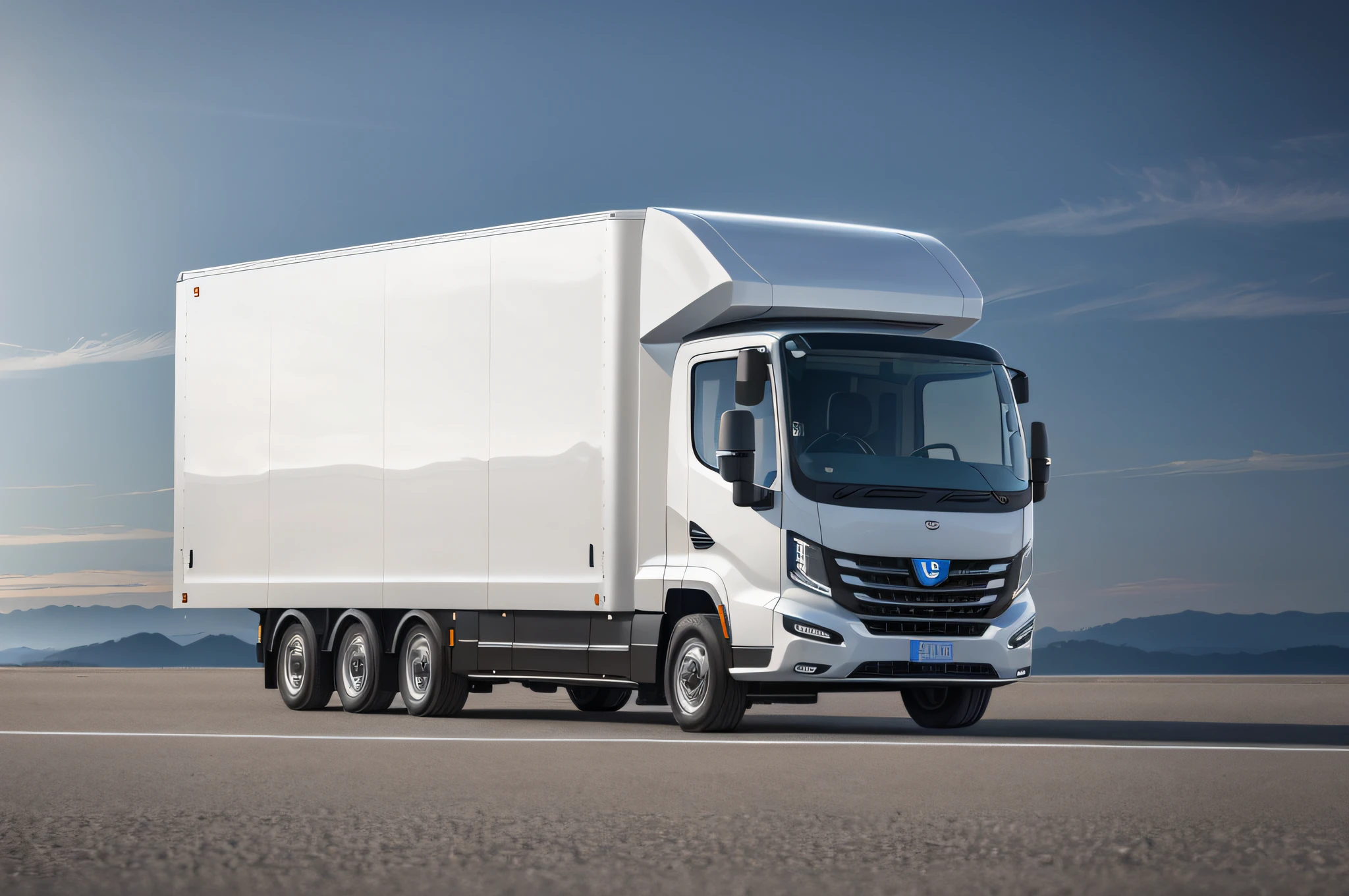High quality, high detail, UHD, 8K, simple design (light commercial vehicle: 1.4), (left 45° viewing angle: 1.1), flat head, cargo box, minimalist style, electric car elements, centered, no unnecessary lines, highway, light background.
