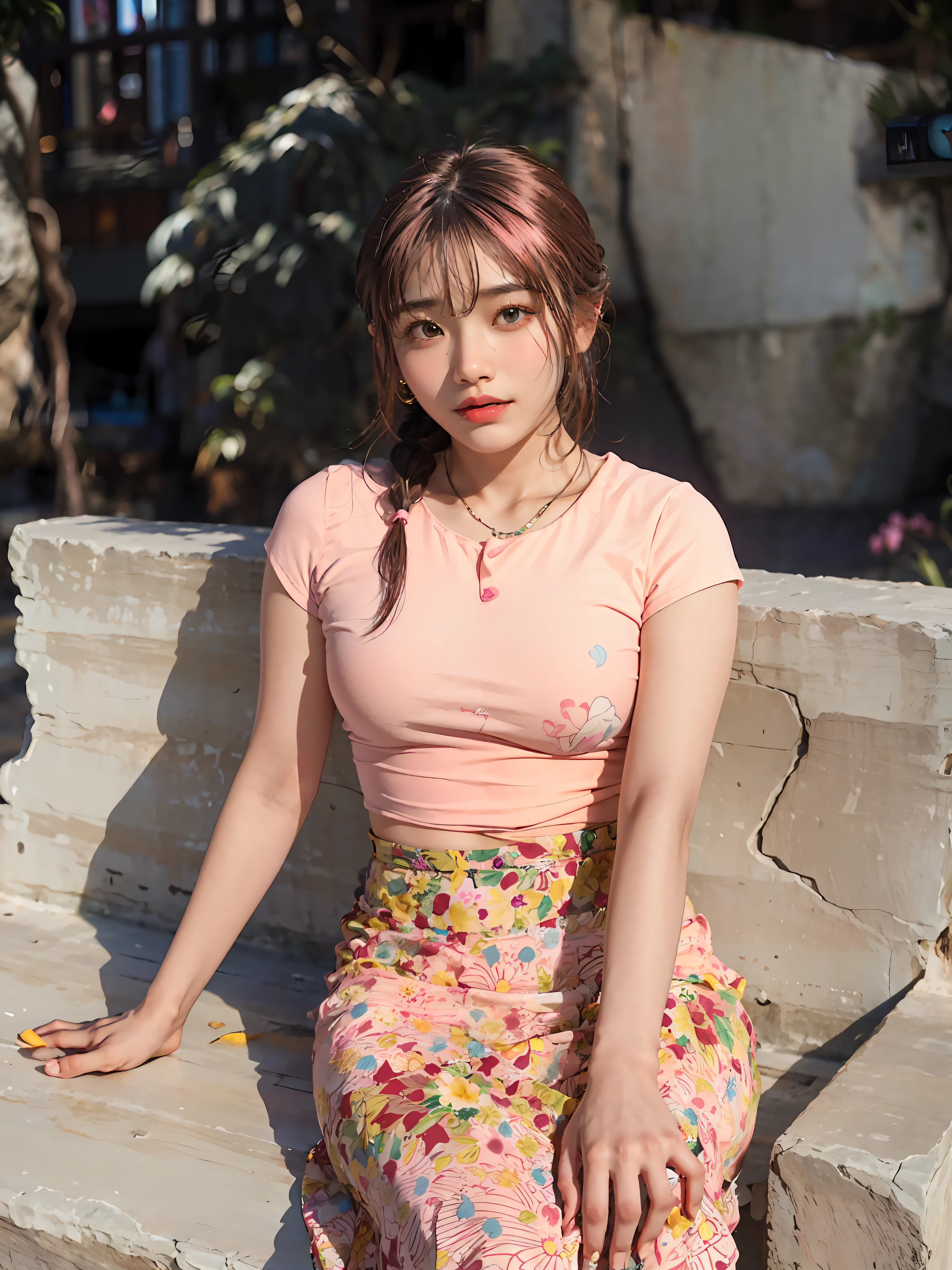 araffe woman sitting on a stone bench with a pink shirt and colorful skirt, nivanh chanthara, young and cute girl, in style of lam manh, a cute young woman, very low quality, asian girl, south east asian with round face, photo taken in 2 0 2 0, 18 years old, a young asian woman