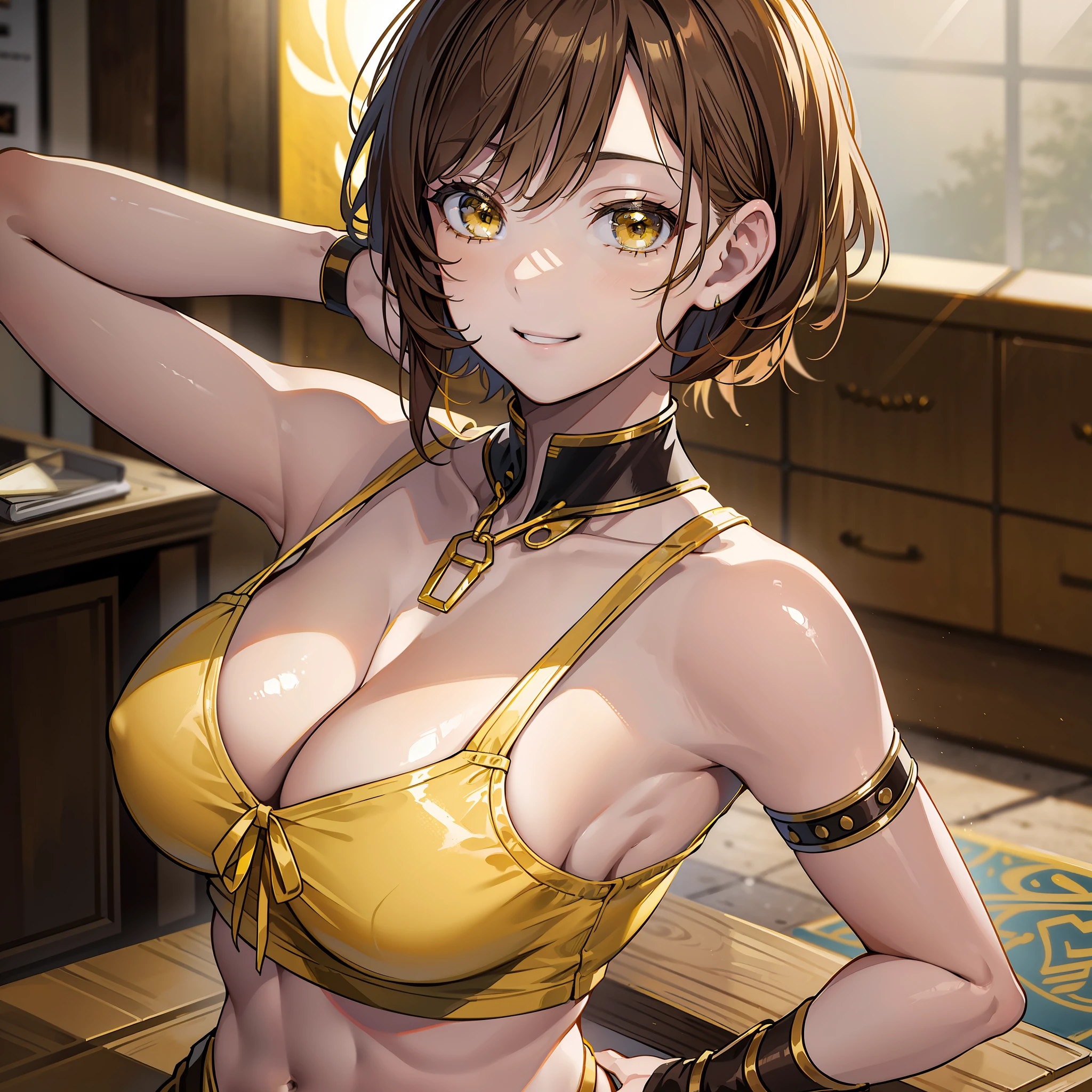 Masterpiece, Best Quality, Cinematic Lighting, Photorealism, Light Brown Hair, Short Hair, Yellow Ribbon, Yellow Top Top, Open Chest, Sleeveless, Sexy Smile, Korean Girl, Belly, Fighter