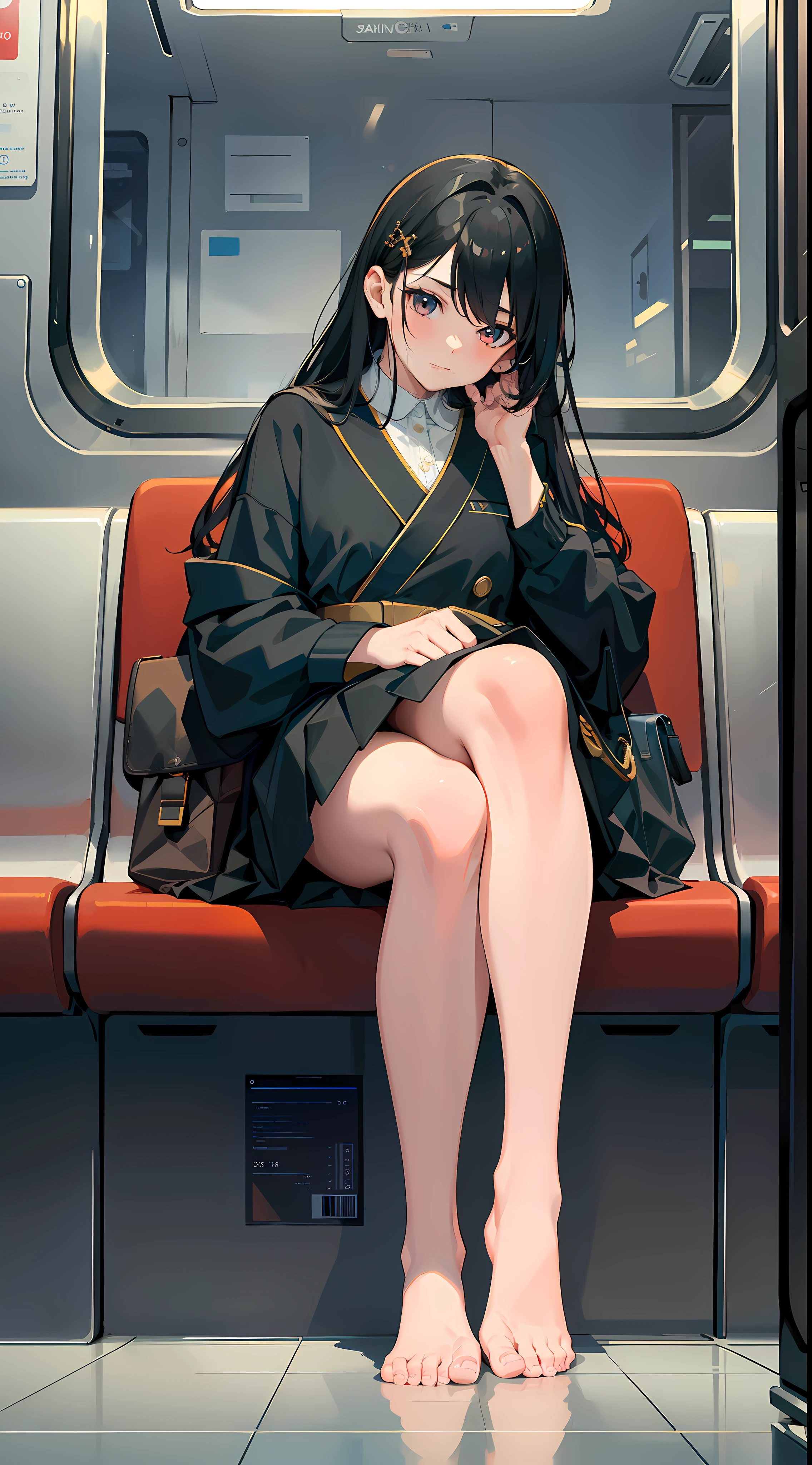"(Masterpiece, High Definition, Ultra High Definition, 4K) Black hair, 14 years old Japan girl, uniform skirt, emphasizing thighs, white thighs, soft thighs, glossy thighs, sitting on the train, face-to-face angle, (angle from below),sitting in the train seat,Sitting in front,Zoom camera in the crotch,Feet on the train floor,Full body,Looking down and sleepy,Looking at the viewer only", best quality, ultra high definition, (photorealistic:1.4),, high resolution, detail, raw photo, sharp re, Nikon D850 film stock photo by Lee Jefferies 4 kodak portra 400 camera f1.6 lens rich colors hyper realistic lively textures dramatic lighting unreal engine artstation trends cinestir 800,anatomically correct