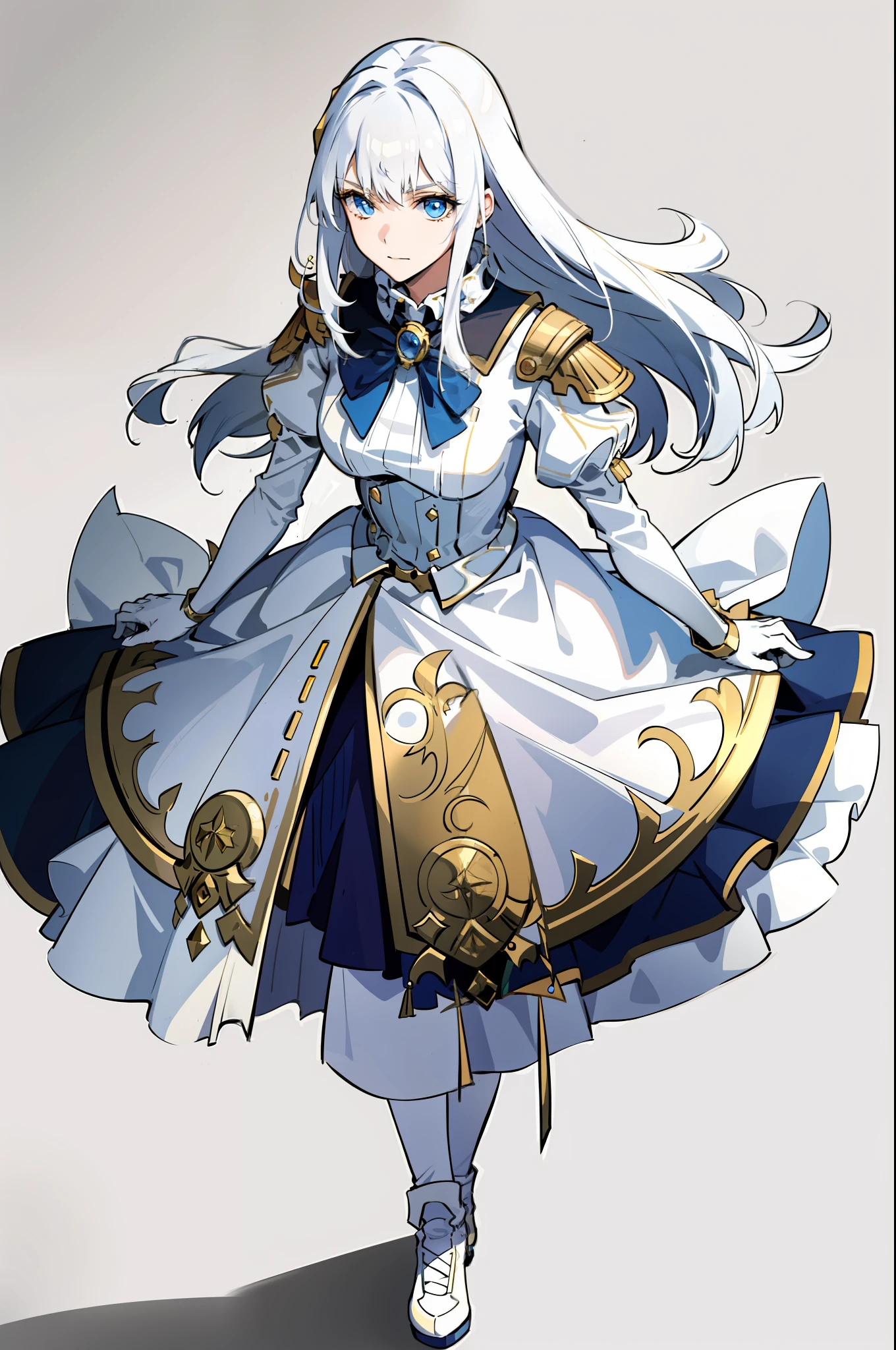"((Masterpiece)), best quality, ultra-detailed, extremely detailed, (1 girl), floating golden hair, blue eyes, white imperial outfit, dynamic focus, anime style, color filtration."
