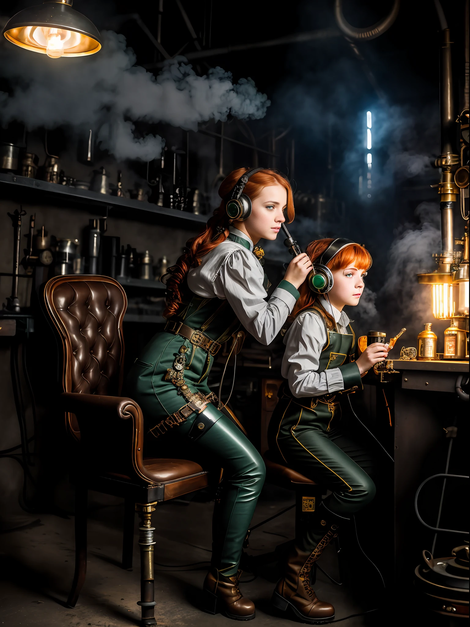 hyper photorealism, perfect ???????, realistic character, very high contrast lighting, cinematic lighting, dramatic lighting, profile, shot from the back, shot from below, (((a girl on a chair is repairing a machine in the steamy smoky workshop))), (a 19 yo girl, (Ana de Armas:0.70), (redhead:1.1)), very cute and smiley, (perfect eyes:1.1), photorealistic wavy hair, a girl in a steampunk jumpsuit in light gray color, intercom headset, steampunk choker, long leather boots, perfect detailed face, detailed symmetric green eyes with circular iris, fixing a steam engine in the steampunk garage filled with steam and smoke, cogs and gears, steamy background with lots of steam pipes and steam valves and pressure gauges and gears, intricate background, very highly detailed costume, very highly detailed background, steampunk fantasy style, steampunk , steampunk aesthetic, steamy, Canon 5D, f1.8 lens
