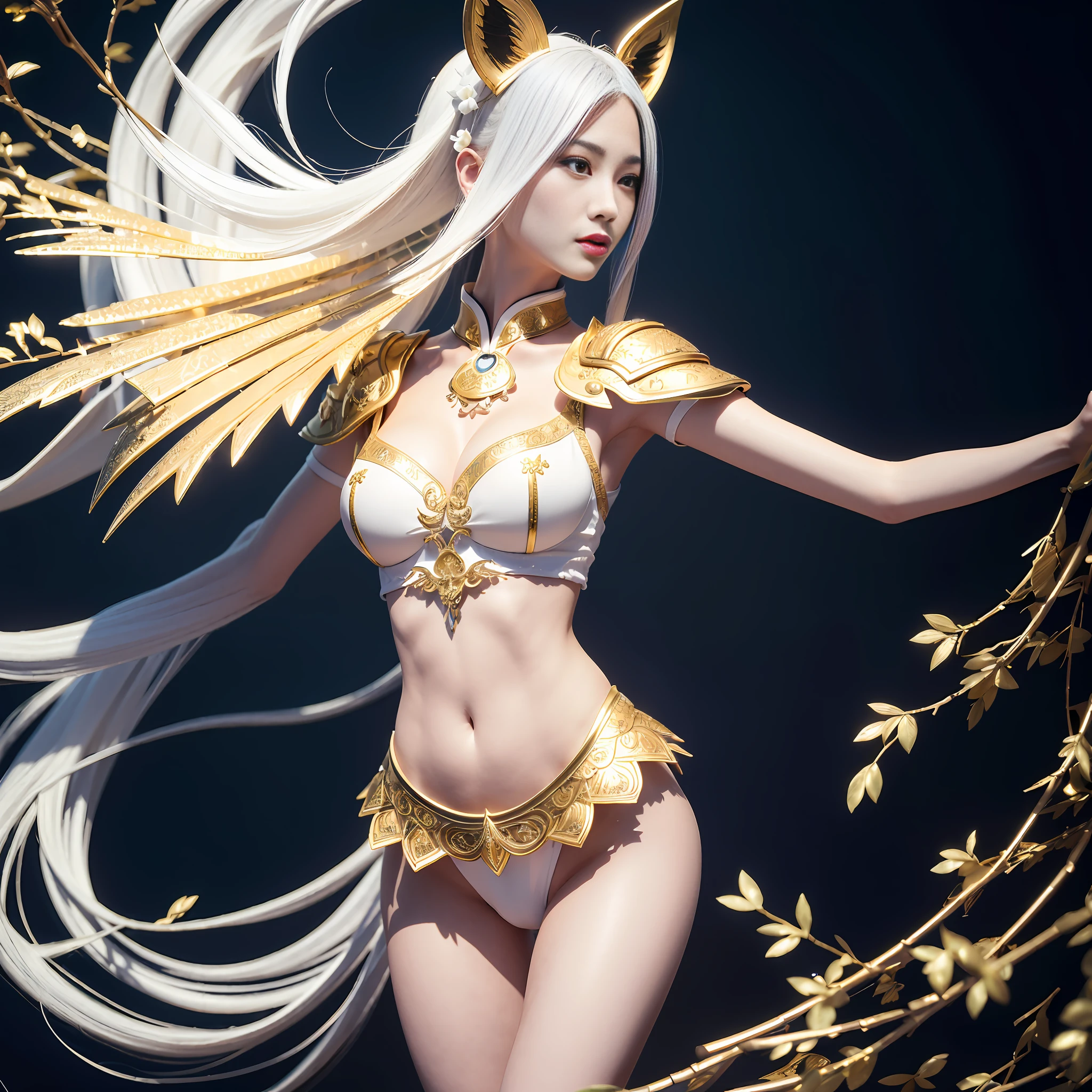 Korean, masterpiece, best quality, high quality, extremely detailed CG unity 8k wallpaper, (realistic, Photo real: 1.3), (RAW photo: 1.2), Woman body set medium breasts, exposed breasts, full and natural breasts, crisp breasts, tender white complexion, straight buttocks, (transparent tong), surreal, 8K, original photo, film grain, super high resolution, super detail, tall, very clear face, slender long legs, a pair of snow-white slender beautiful legs, like ivory carved jade legs, perfect proportion and length, stunning face, melon seed face, qiong nose cherry lips, eyebrows picturesque, amorous, charming, slender and slender waist, close-up of a woman in gold and white clothing, super detailed rendering, 3 D rendering character art 8 K, complex white and gold armor, full samurai armor fox, high detail iconic character, 8K rendering, octane rendering, octane rendering, super detail octane rendering, super detailed octane rendering, super detailed 3 d rendering, futuristic style fox demon --auto --s2