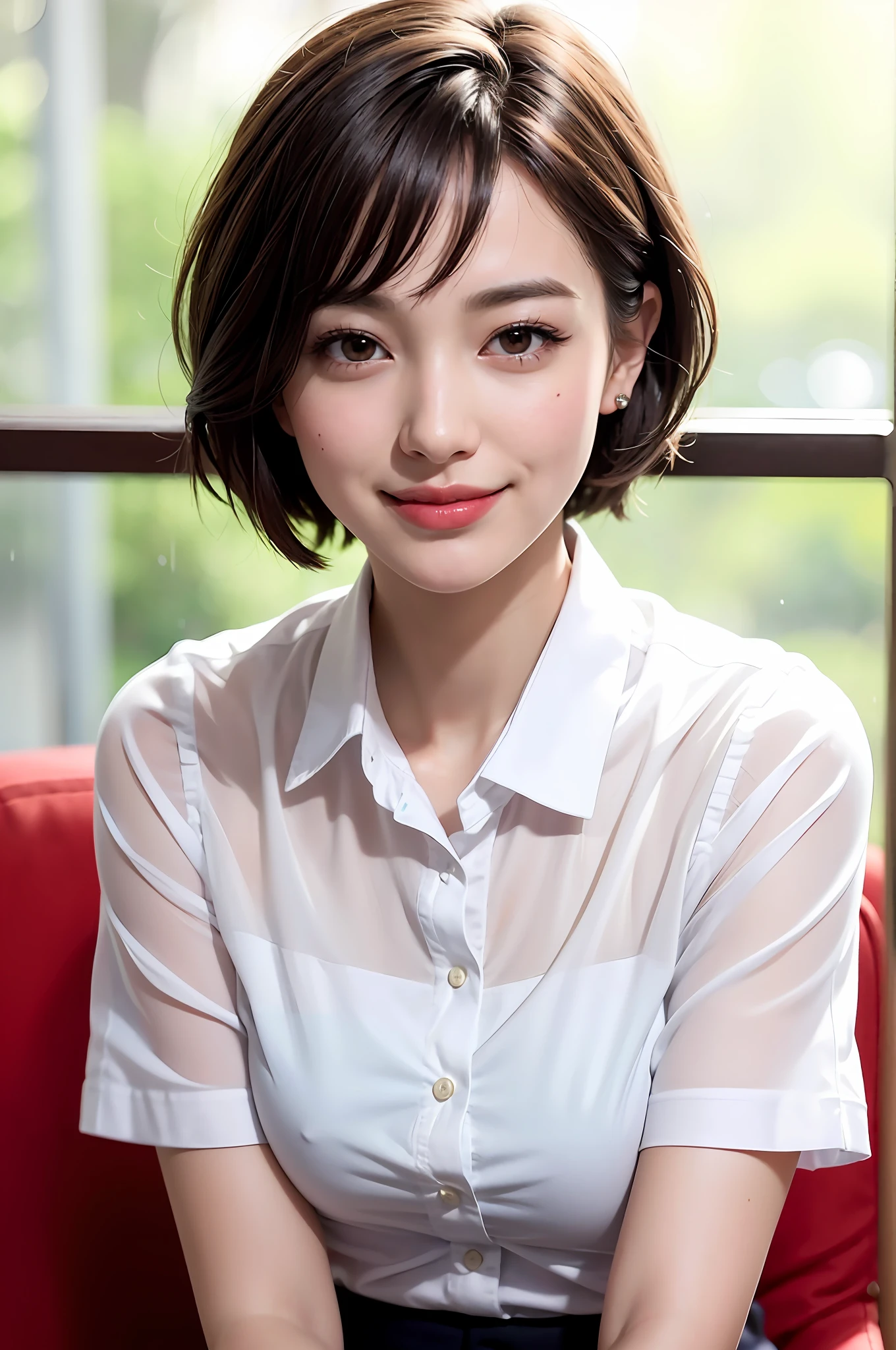 (8k, top quality, masterpiece: 1.2), (realistic, photorealistic: 1.37), super detailed, girl single, cute, solo, sitting, dating, (blush), (smile: 1.15), (closed mouth), big, fine beautiful eyes, big round eyes, (collared shirt: 1.1), wet, office clothes, white lace, (short hair: 1.2), floating hair NovaFrogStyle, Topless, bangs, long neck, happy smile, pretty face, realistic skin type, realistic texture