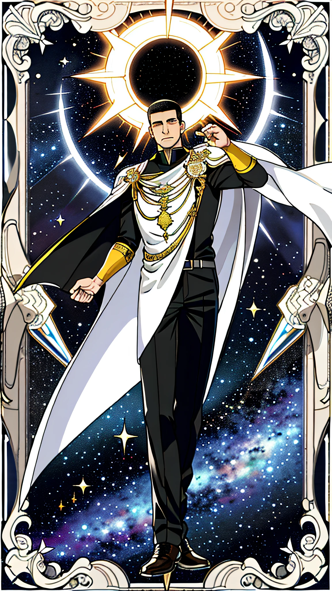 masterpiece, best quality, full body, card, 1 man, eclipse, space, galaxy, short hair, black hair, brush cut, standing, black and white, sun, moon, white, buzz cut, bara, muscle, god, divine, cape, halo, center, best pose, etherious, crystal,man, power, magic, hand using magic, golden, royal