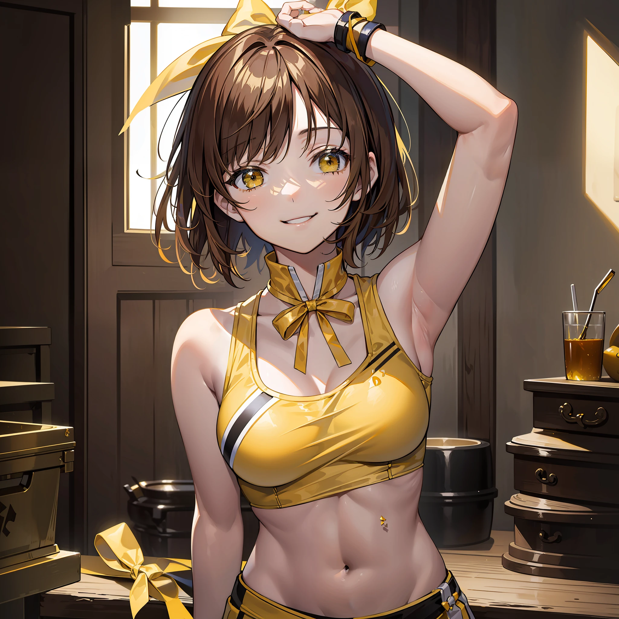 Masterpiece, Best Quality, Cinematic Lighting, Photorealism, Light Brown Hair, Short Hair, Yellow Ribbon, Yellow Top Top, Open Chest, Sleeveless, Sexy Smile, Korean Girl, Belly, Fighter