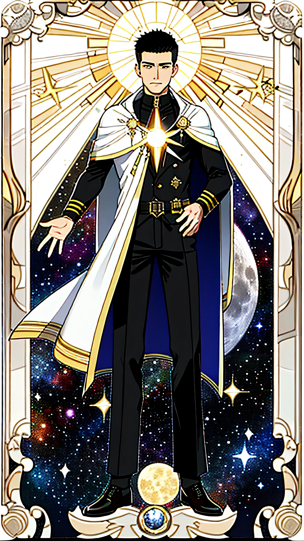 masterpiece, best quality, full body, card, 1 man, eclipse, space, galaxy, short hair, black hair, brush cut, standing, black and white, sun, moon, white, buzz cut, bara, muscle, god, divine, cape, halo, center, best pose, etherious, crystal,man, power, magic, hand using magic, golden, royal